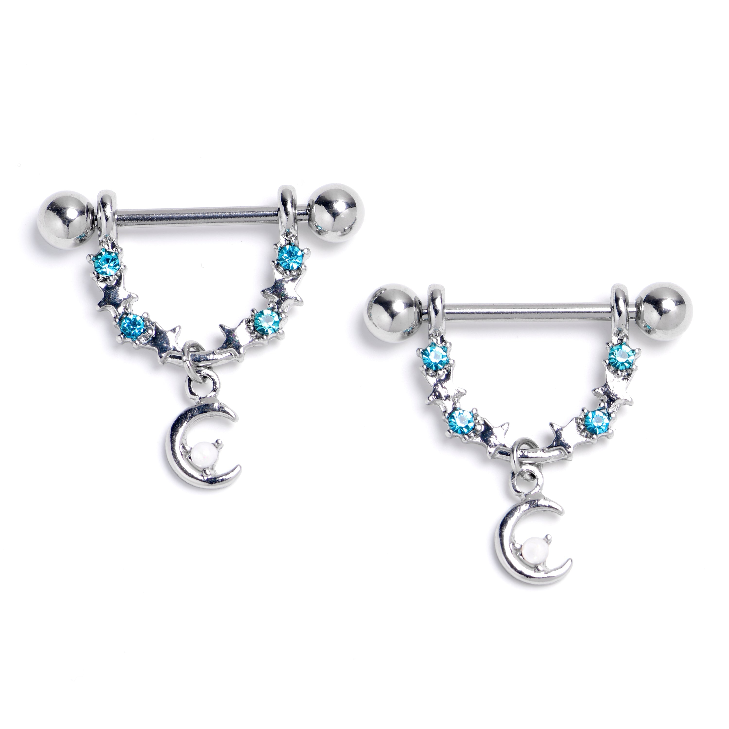 BodyCandy 14G 9/16 Blue Clear Gem Crescent Moon Stars Dangle Nipple Ring Set — main product shot