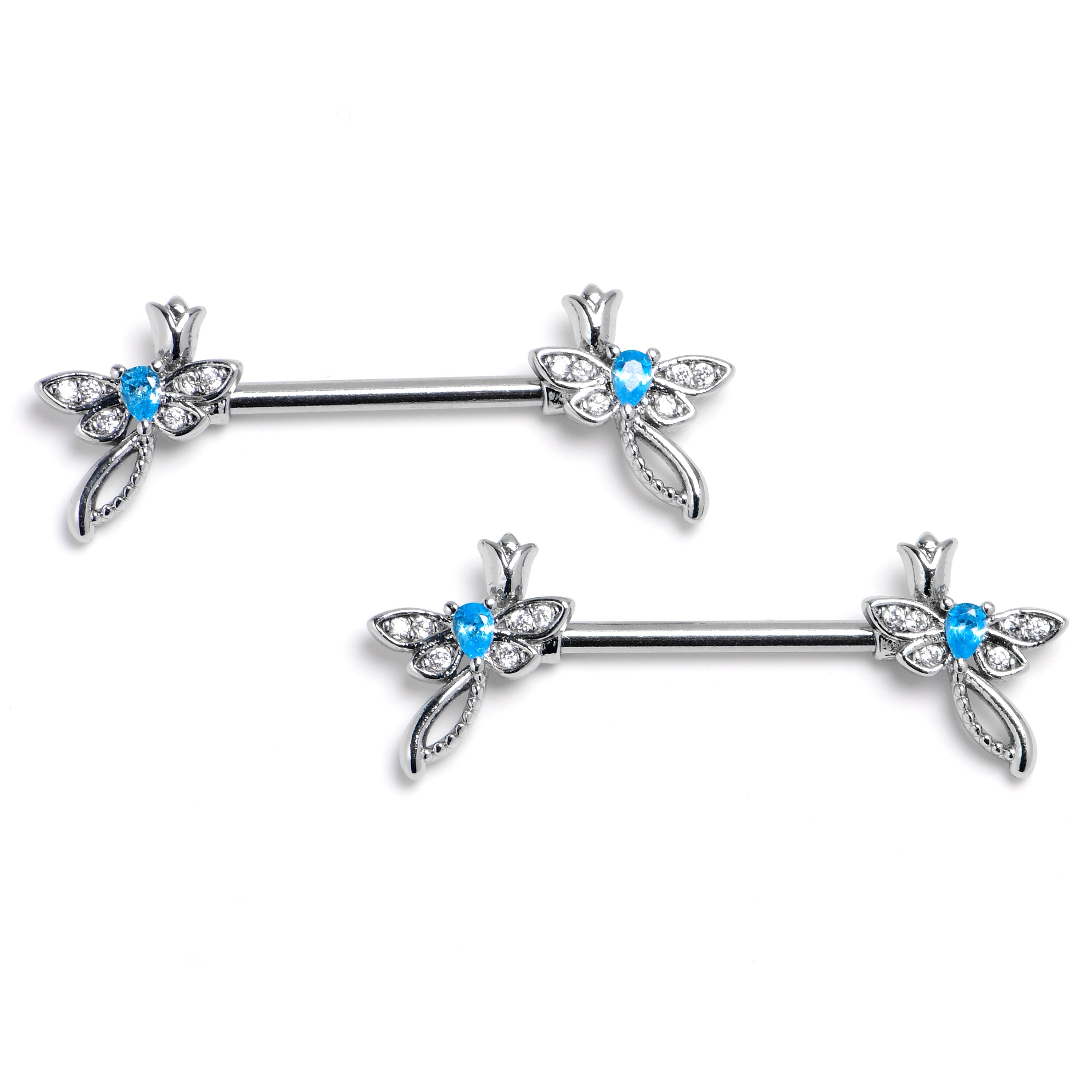 BodyCandy 14G 9/16 Blue Gem Bold Dragonfly Barbell Nipple Ring Set — main product shot
