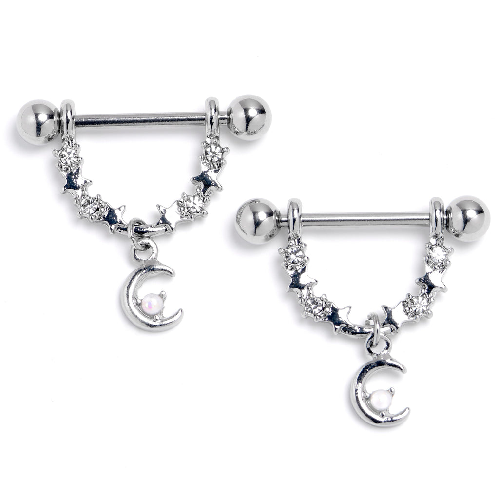 BodyCandy 14G 9/16 Clear Gem Crescent Moon Stars Dangle Nipple Ring Set — main product shot