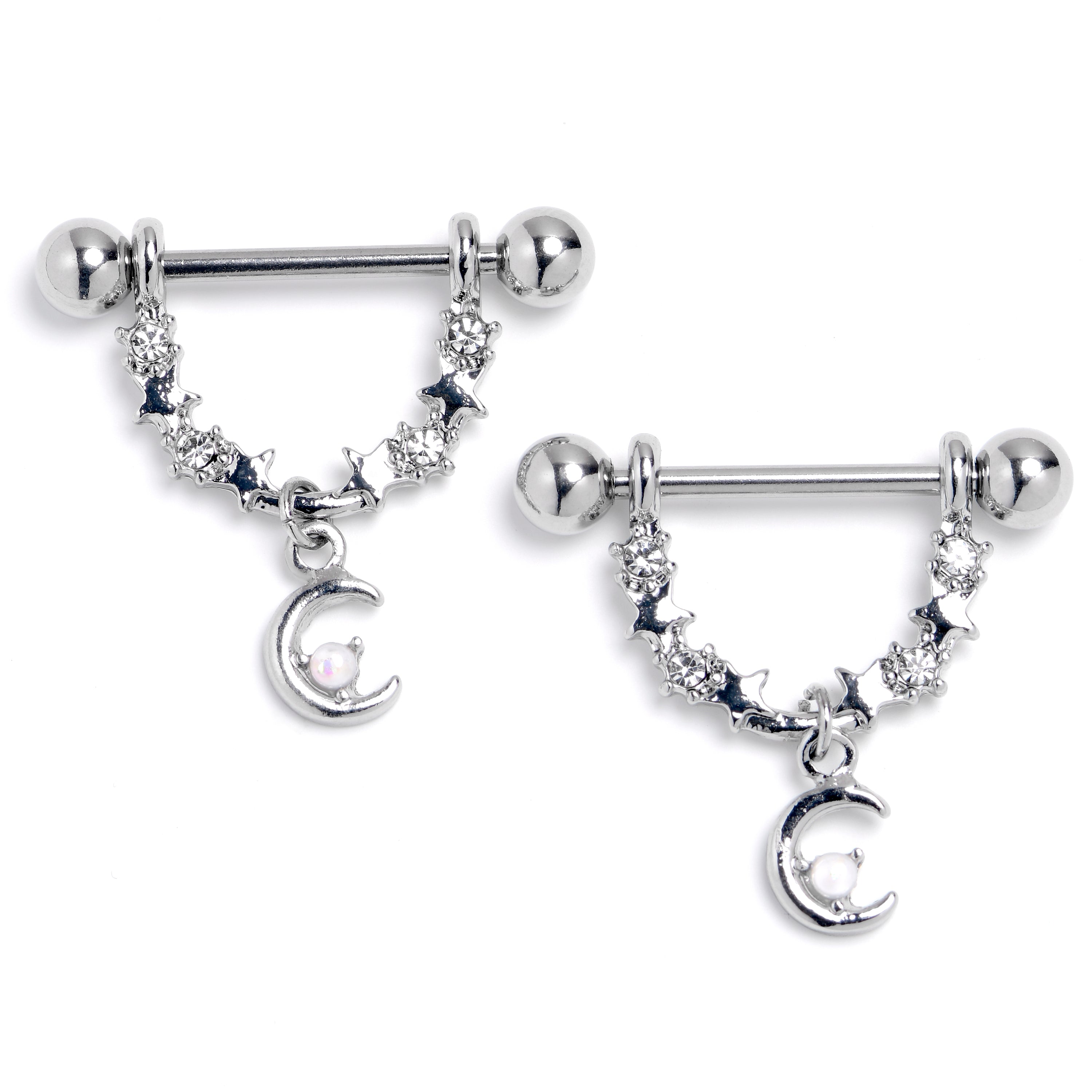 BodyCandy 14G 9/16 Clear Gem Crescent Moon Stars Dangle Nipple Ring Set — main product shot