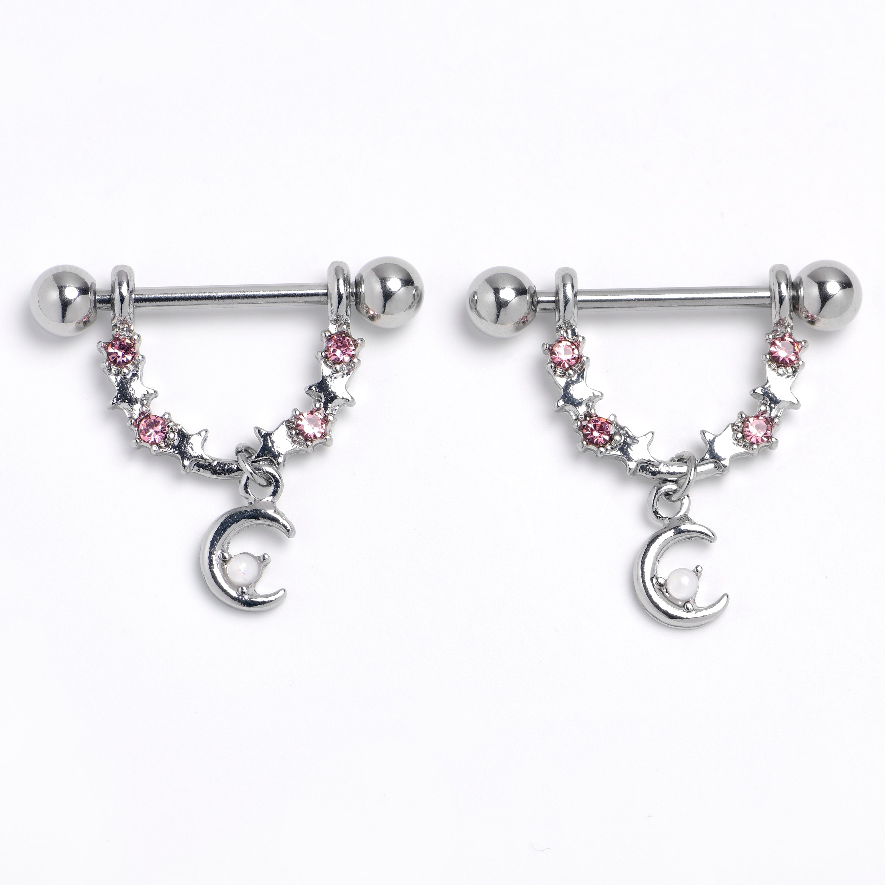BodyCandy 14G 9/16 Pink Clear Gem Crescent Moon Stars Dangle Nipple Ring Set — main product shot