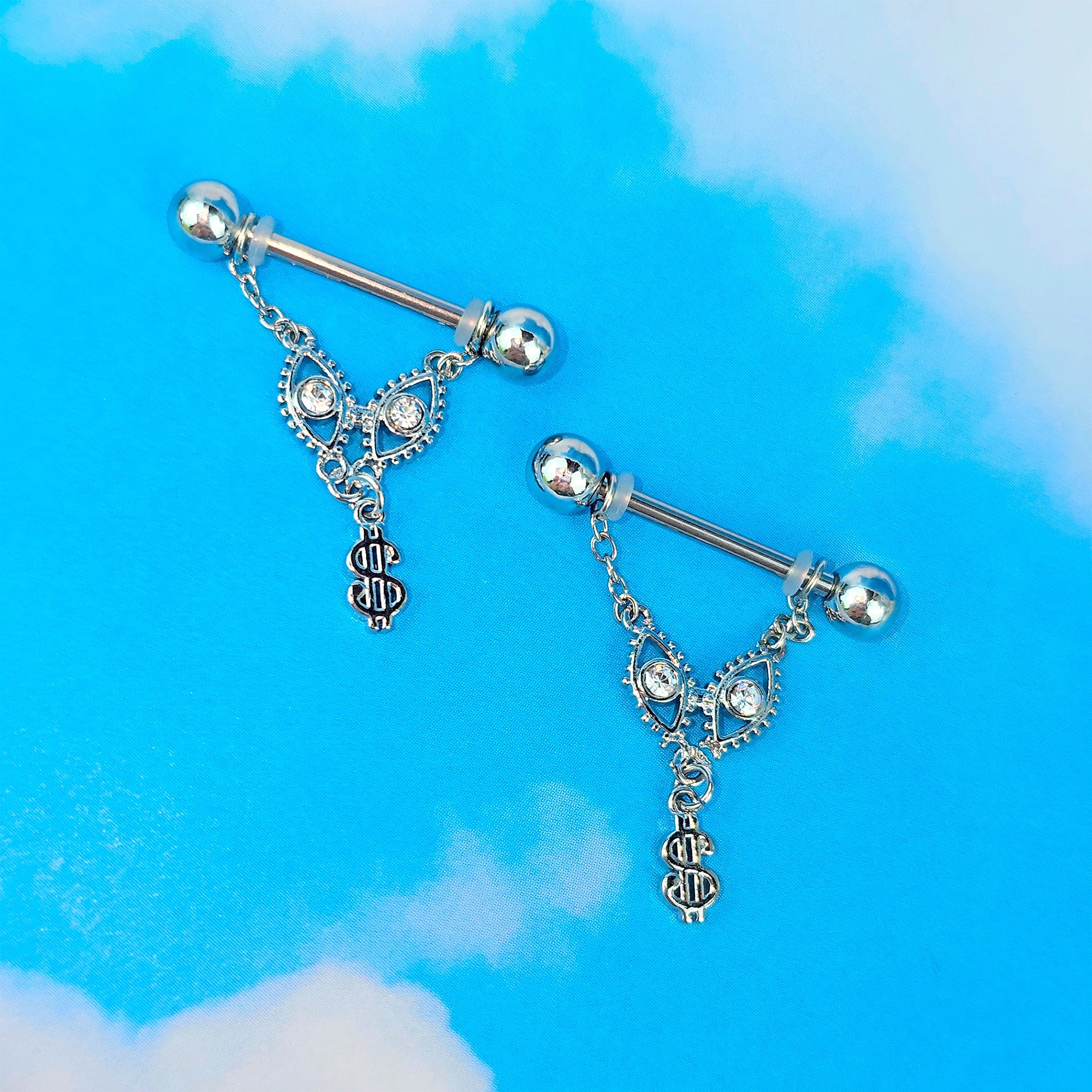 BodyCandy 14G 9/16 Clear Gem Seeing Dollars Chain Dangle Nipple Ring Set — main product shot