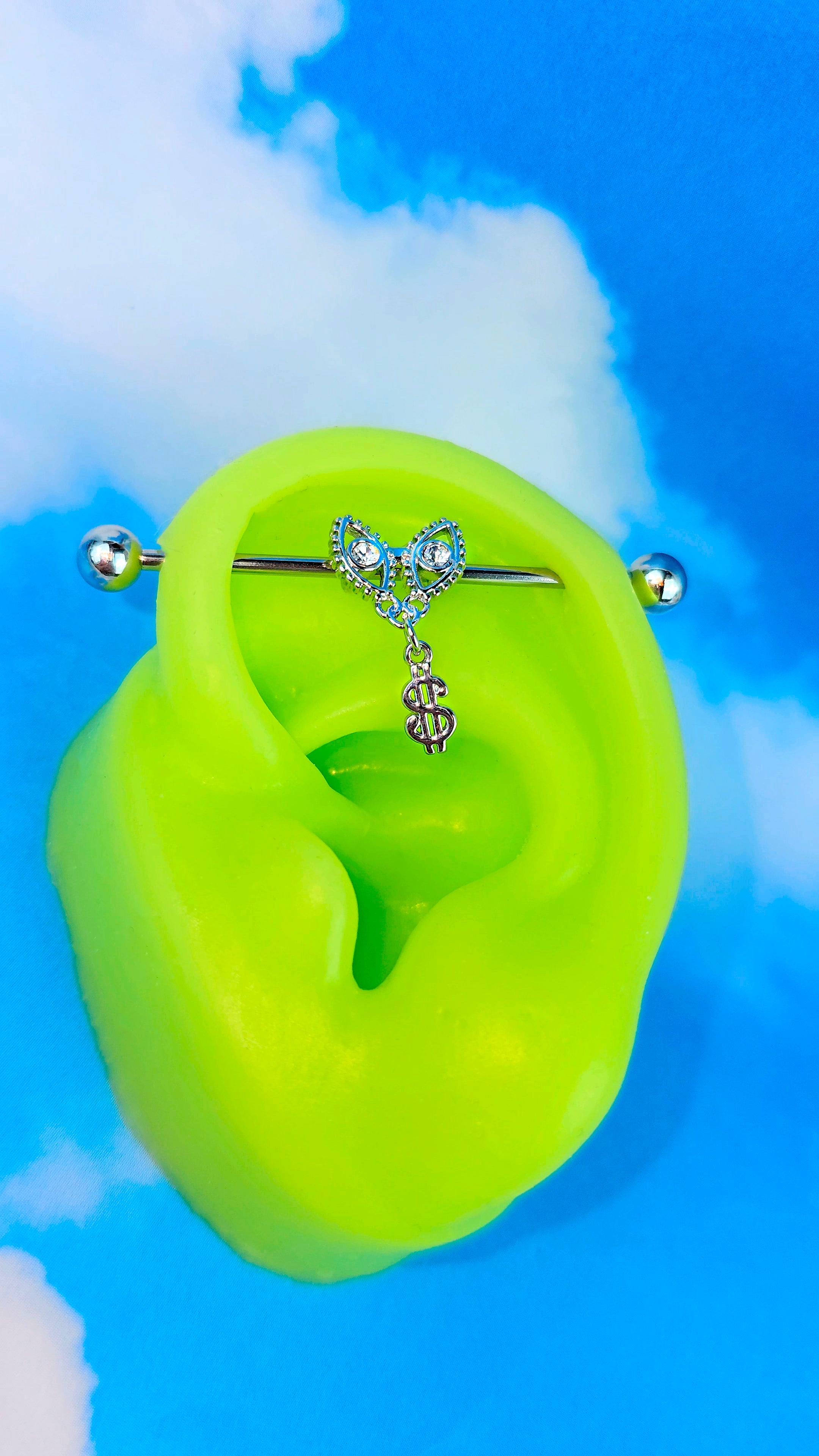 BodyCandy 14G Clear Gem Seeing Money Dangle Industrial Barbell 38mm — main product shot