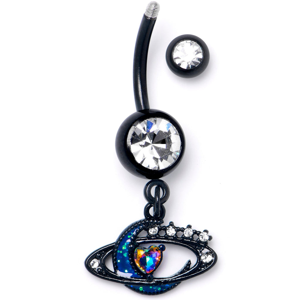 BodyCandy Aurora Clear Gem Black Saturn Space Moon Dangle Belly Ring — detail close-up