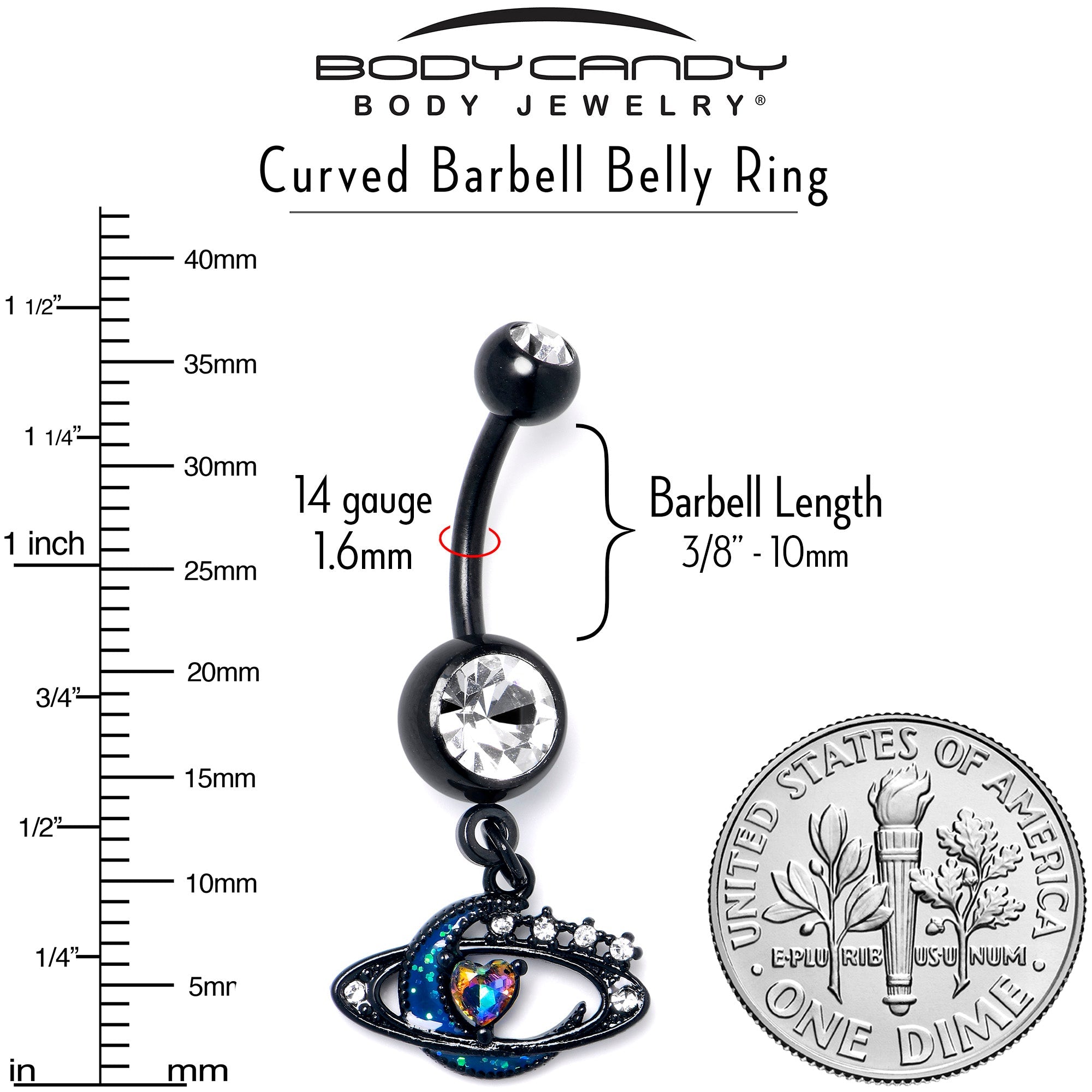 BodyCandy Aurora Clear Gem Black Saturn Space Moon Dangle Belly Ring — side view