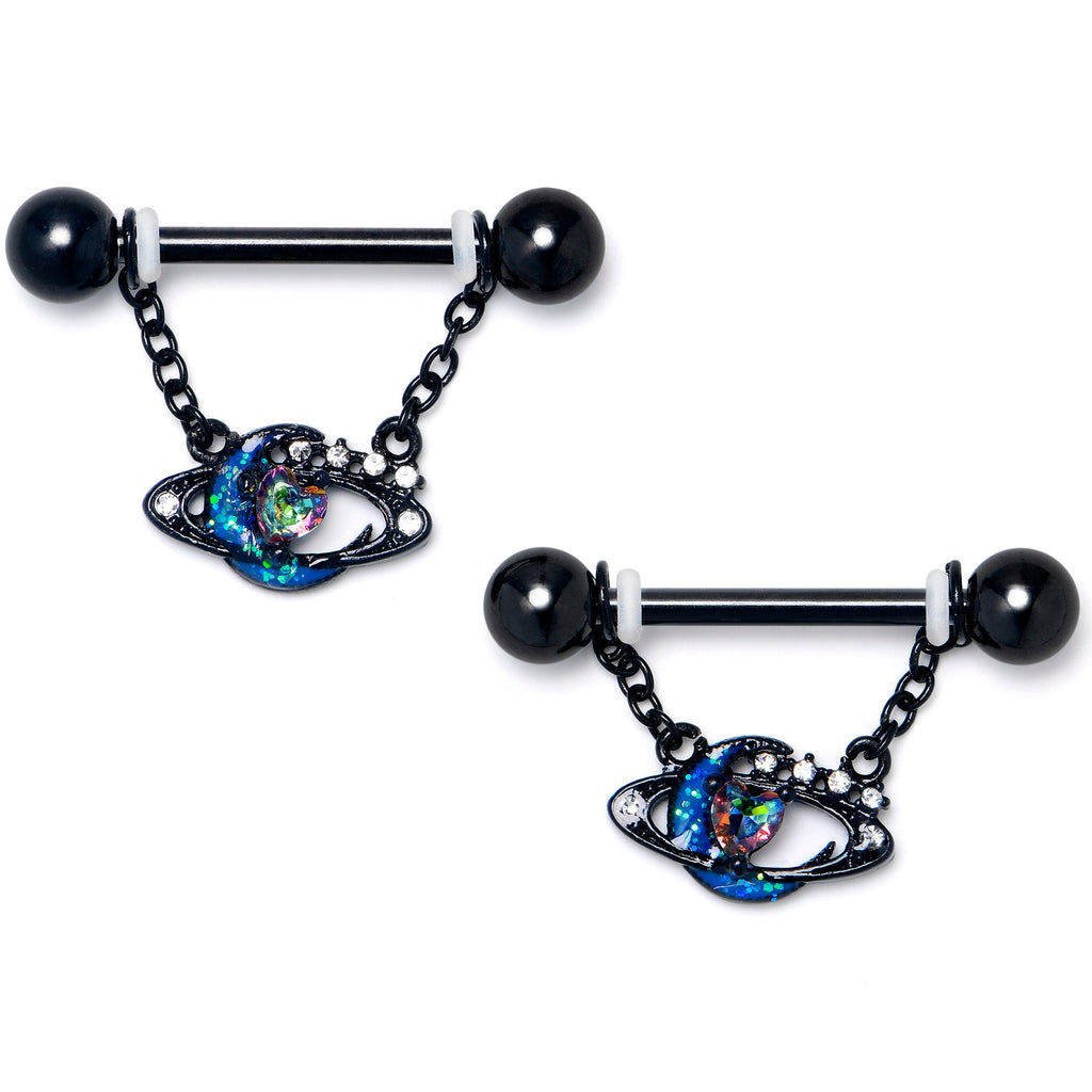 BodyCandy 14G 9/16 Aurora Gem Black Saturn Space Moon Dangle Nipple Ring Set — main product shot