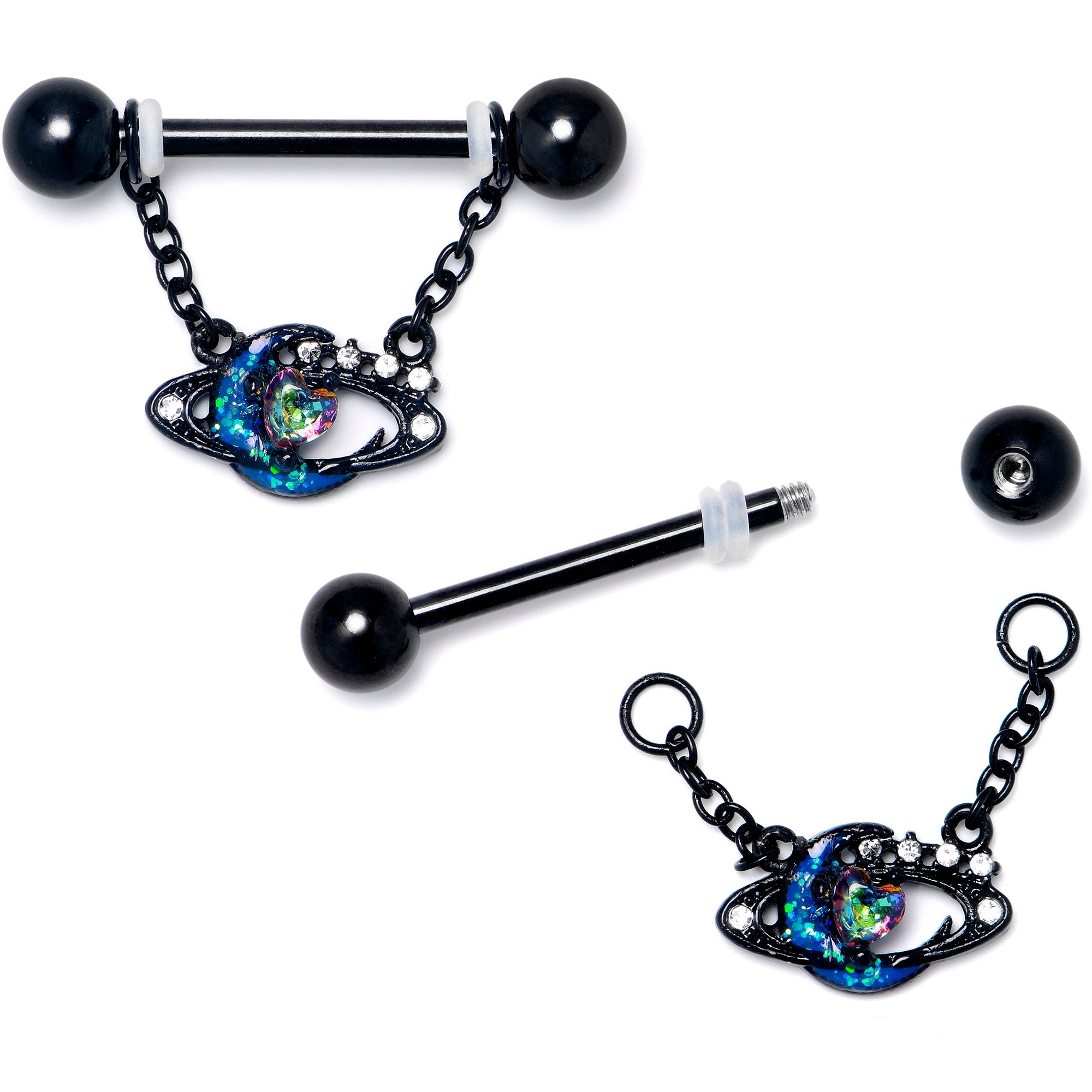 BodyCandy 14G 9/16 Aurora Gem Black Saturn Space Moon Dangle Nipple Ring Set — detail close-up