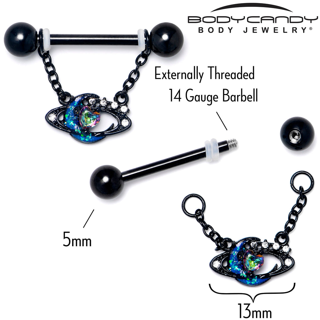 BodyCandy 14G 9/16 Aurora Gem Black Saturn Space Moon Dangle Nipple Ring Set — lifestyle context