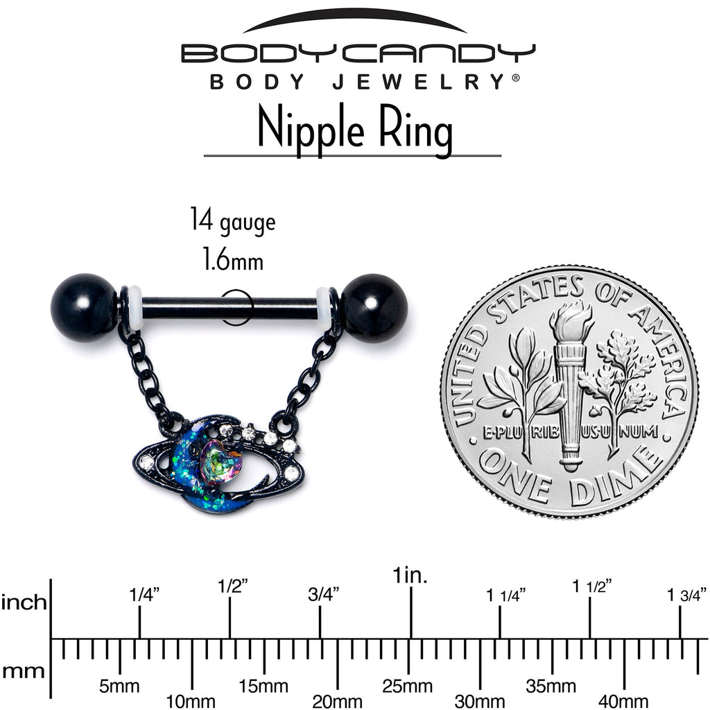 BodyCandy 14G 9/16 Aurora Gem Black Saturn Space Moon Dangle Nipple Ring Set — side view