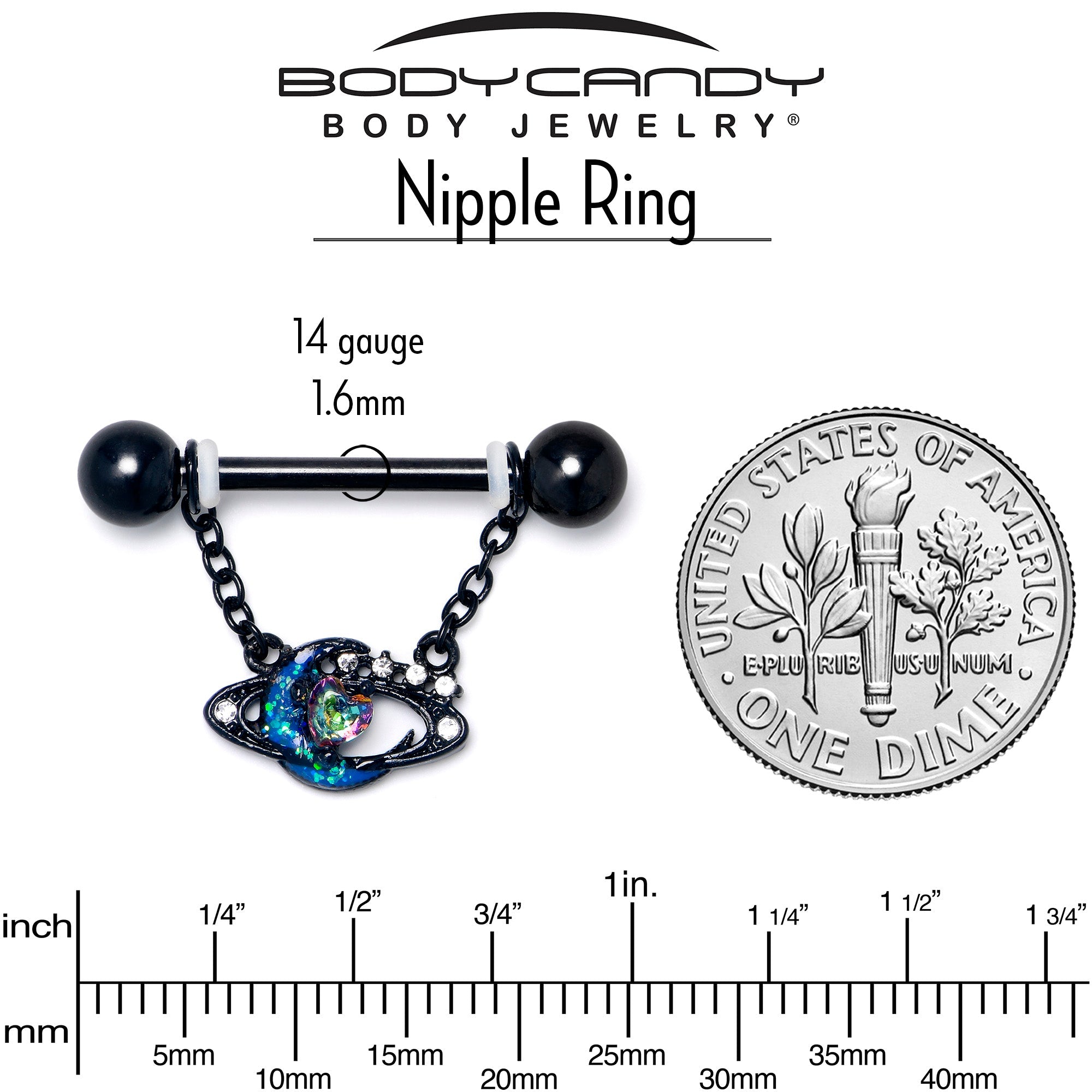 BodyCandy 14G 9/16 Aurora Gem Black Saturn Space Moon Dangle Nipple Ring Set — side view