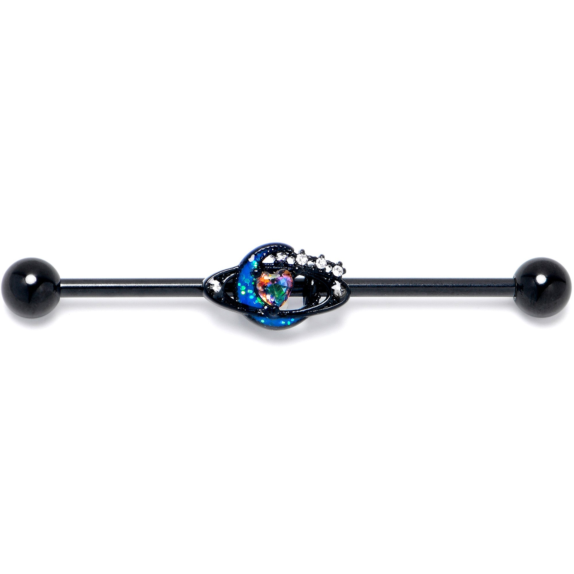 BodyCandy 14G Aurora Gem Black Saturn Space Moon Industrial Barbell 38mm — detail close-up