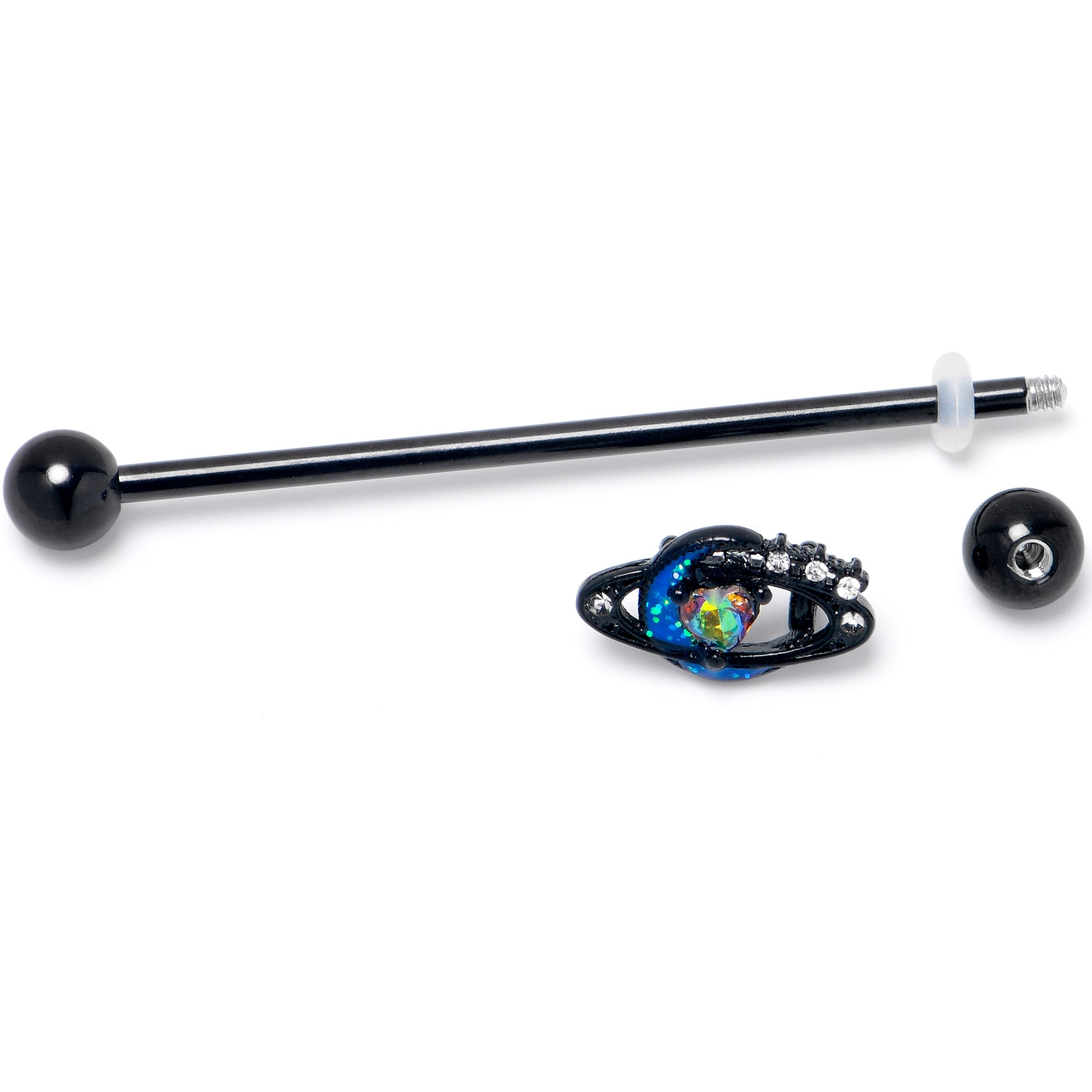 BodyCandy 14G Aurora Gem Black Saturn Space Moon Industrial Barbell 38mm — side view