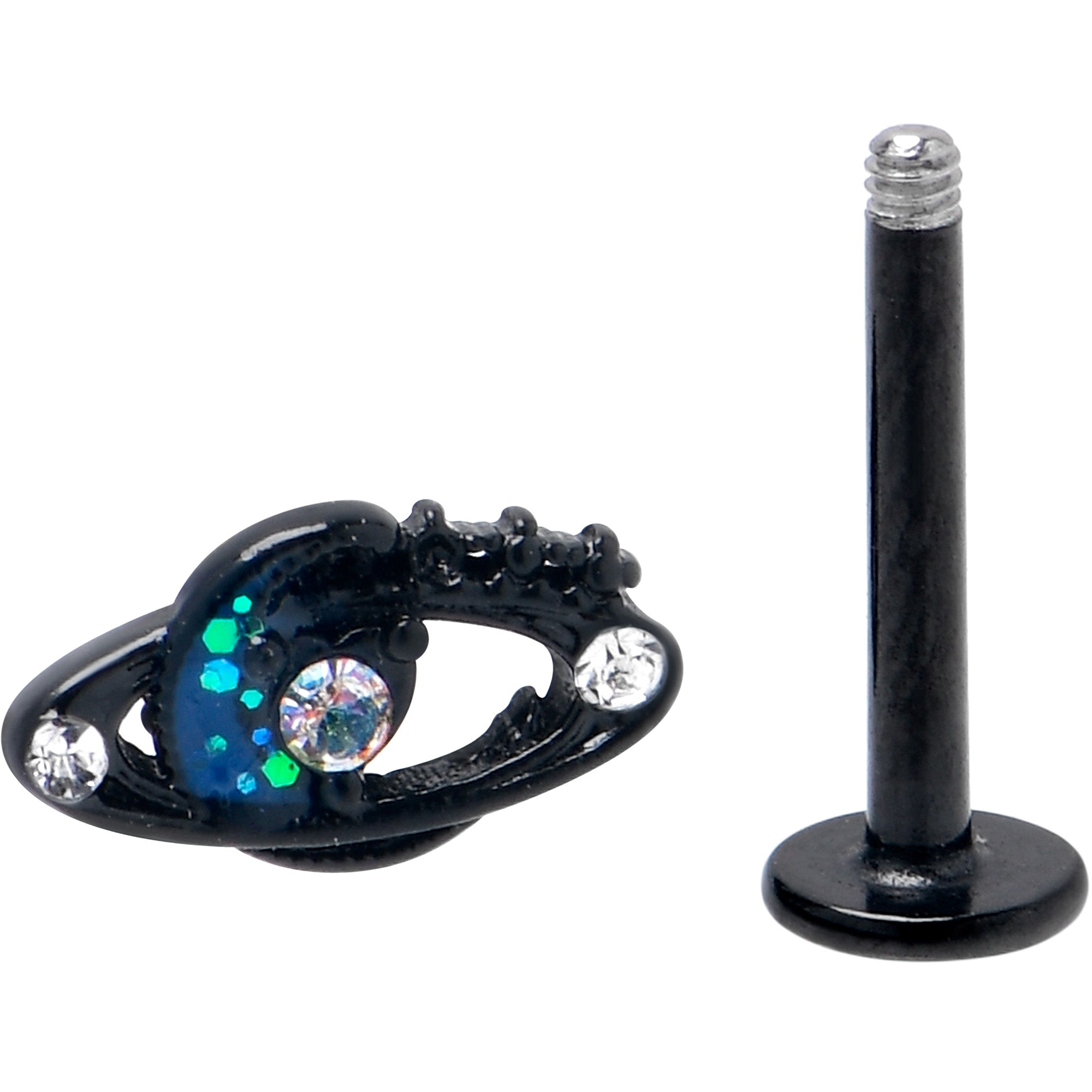 BodyCandy 16G 5/16 Aurora Gem Black Saturn Space Moon Labret Monroe Tragus — side view