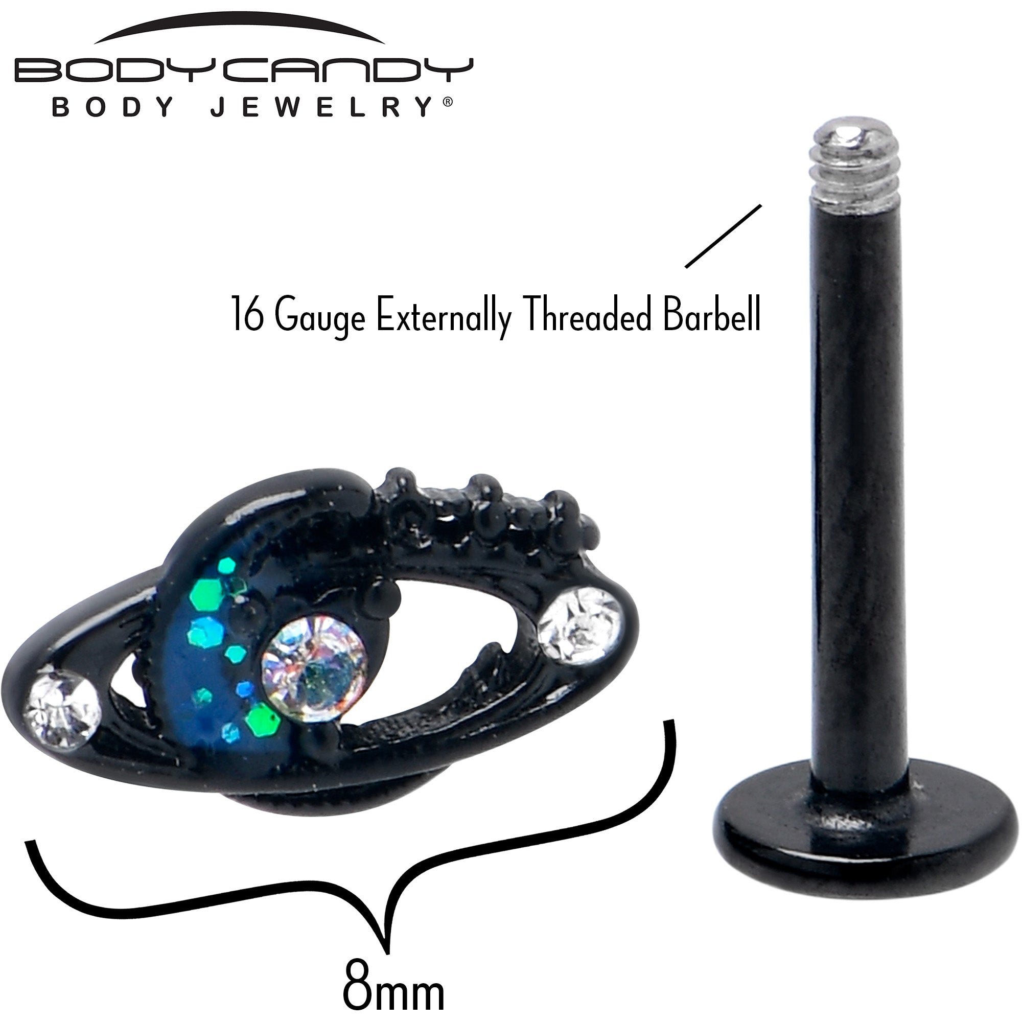 BodyCandy 16G 5/16 Aurora Gem Black Saturn Space Moon Labret Monroe Tragus — back view