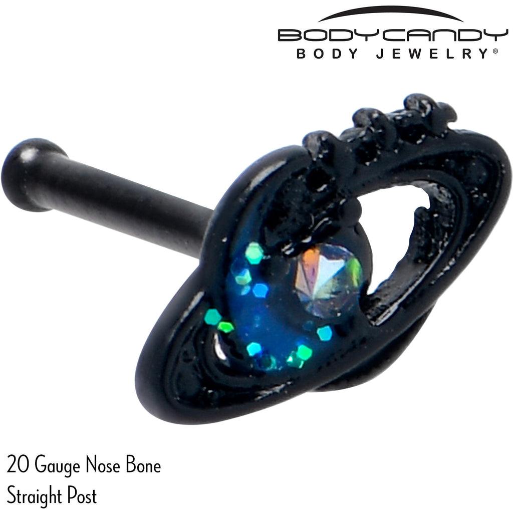 BodyCandy 20G 7mm Aurora Gem Black Saturn Space Moon Nose Bone — side view