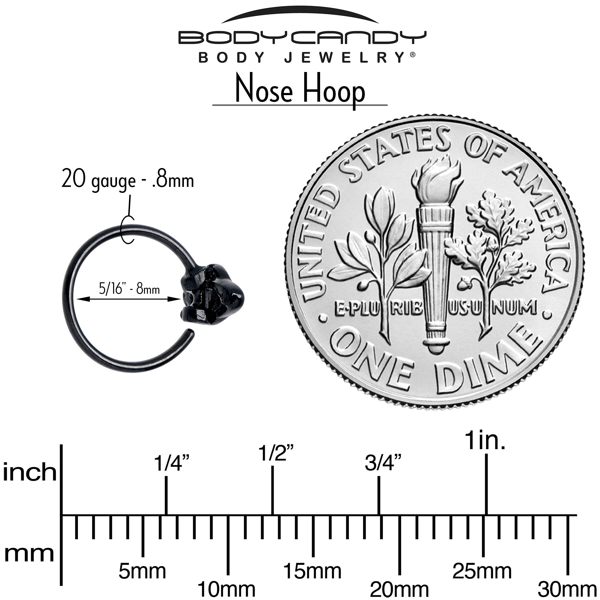 BodyCandy 20G 5/16 Aurora Gem Black Saturn Space Moon Nose Hoop — side view