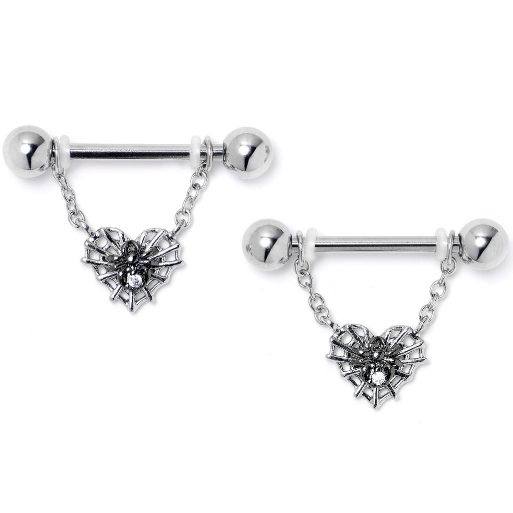 BodyCandy 14G 9/16 Clear CZ Gem Heart of Spider Chain Dangle Nipple Ring Set — main product shot