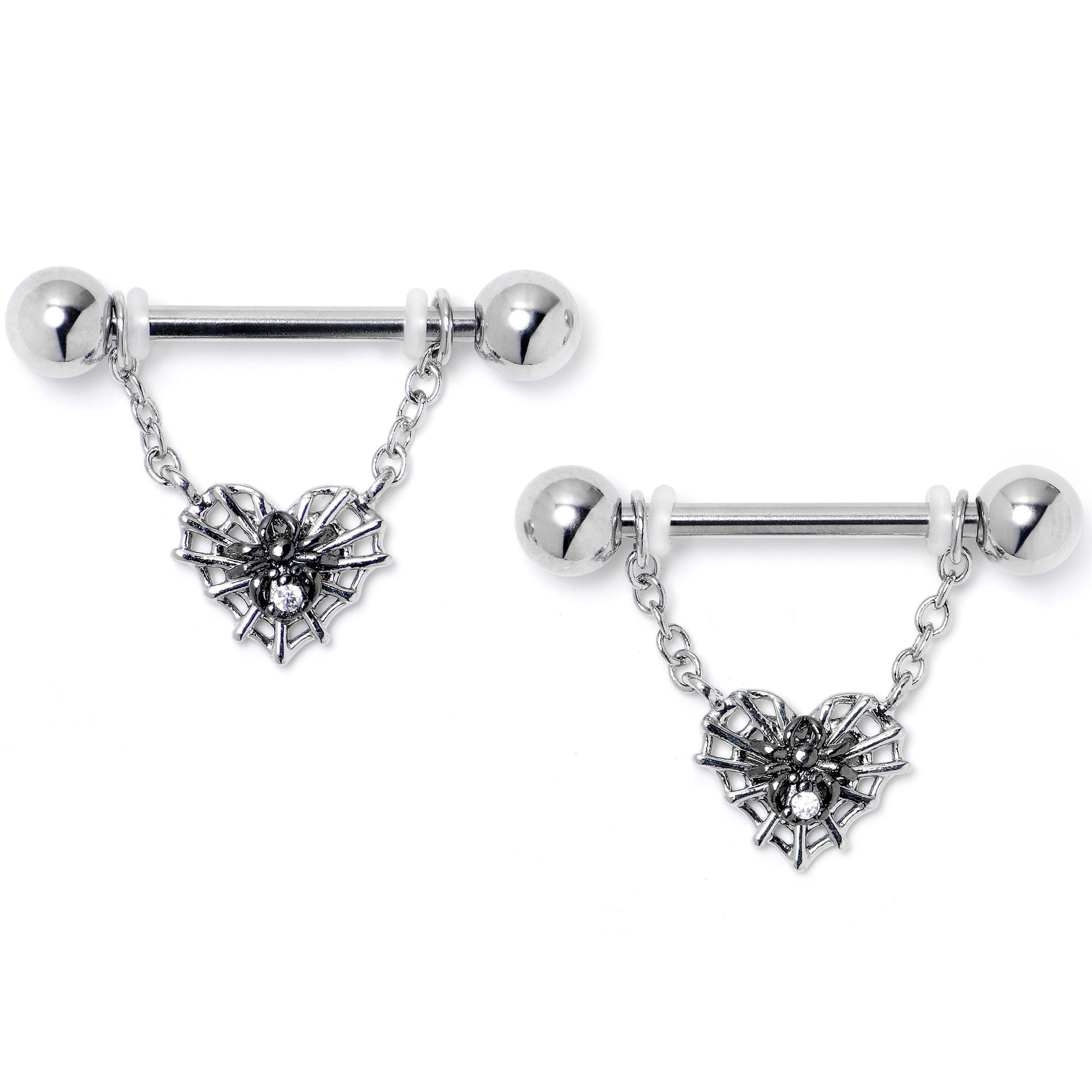 BodyCandy 14G 9/16 Clear CZ Gem Heart of Spider Chain Dangle Nipple Ring Set — main product shot