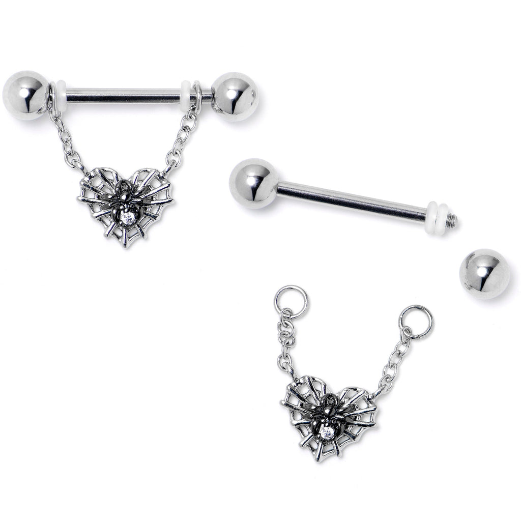 BodyCandy 14G 9/16 Clear CZ Gem Heart of Spider Chain Dangle Nipple Ring Set — detail close-up