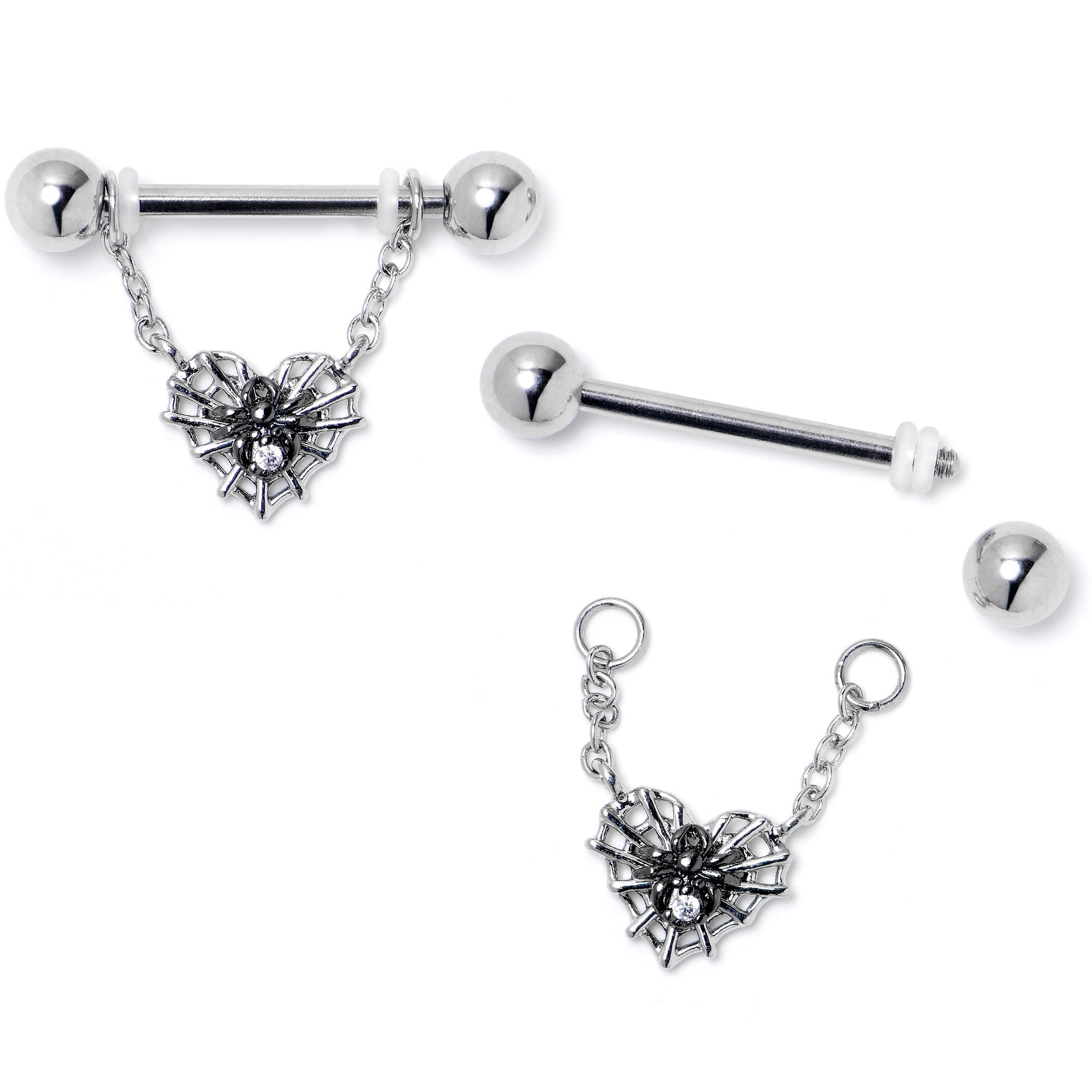 BodyCandy 14G 9/16 Clear CZ Gem Heart of Spider Chain Dangle Nipple Ring Set — detail close-up