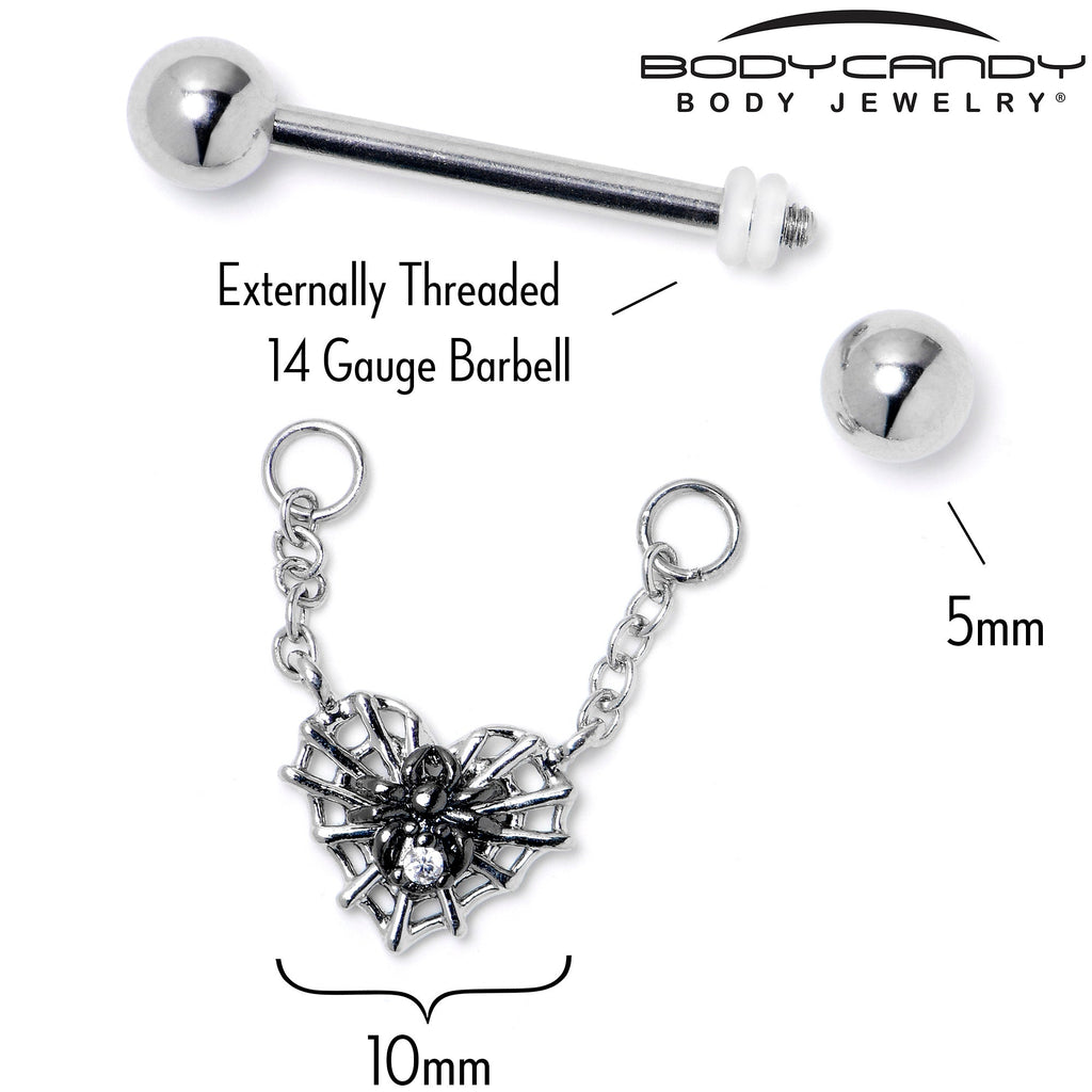 BodyCandy 14G 9/16 Clear CZ Gem Heart of Spider Chain Dangle Nipple Ring Set — lifestyle context