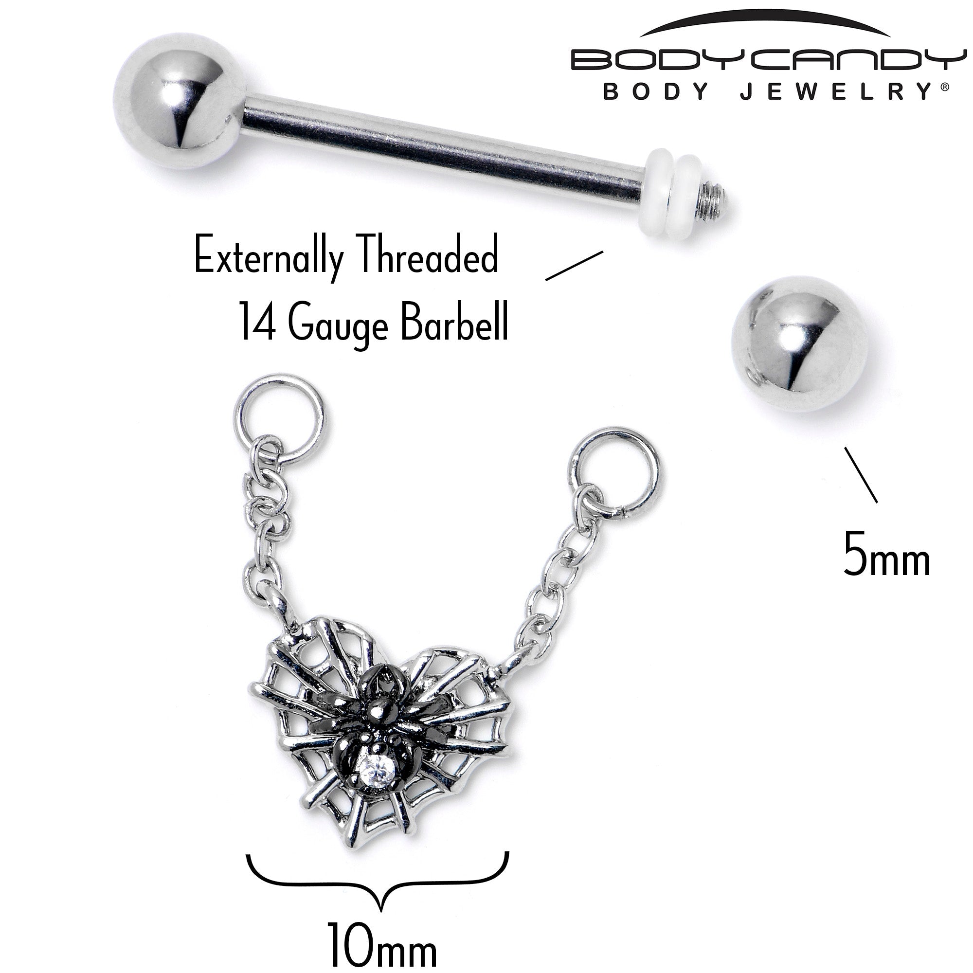BodyCandy 14G 9/16 Clear CZ Gem Heart of Spider Chain Dangle Nipple Ring Set — lifestyle context