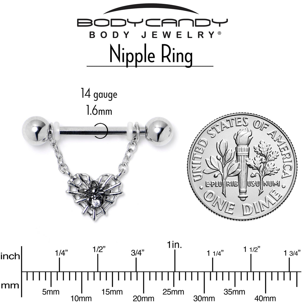 BodyCandy 14G 9/16 Clear CZ Gem Heart of Spider Chain Dangle Nipple Ring Set — side view
