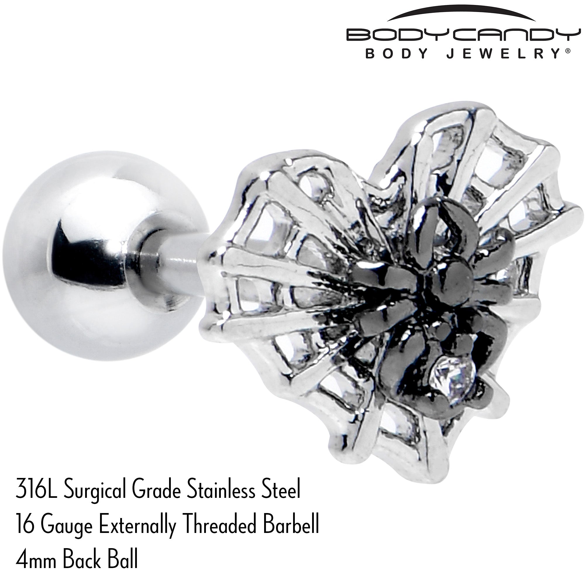 BodyCandy 16G 1/4 Clear CZ Gem Heart of Spider Cartilage Tragus Earring — side view