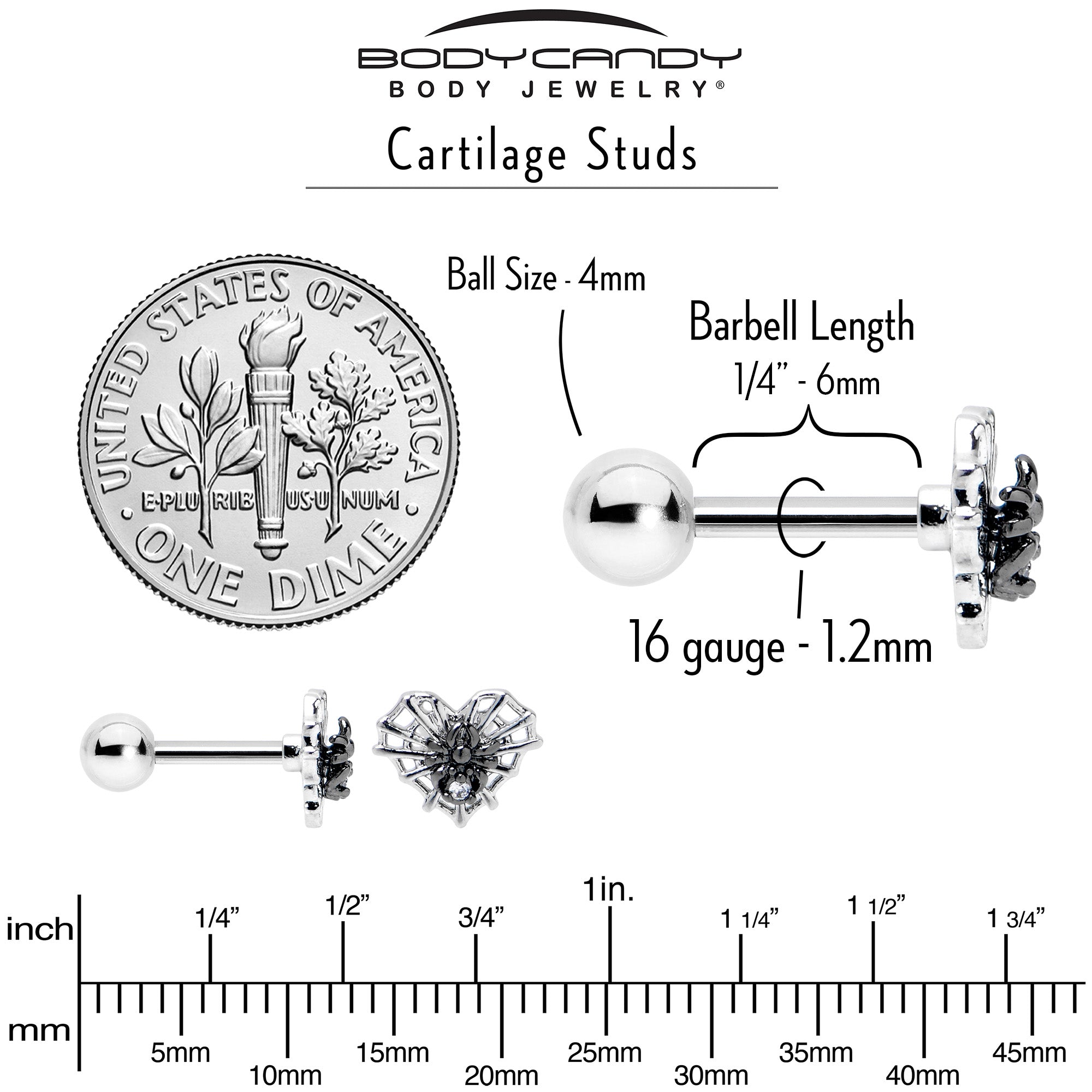 BodyCandy 16G 1/4 Clear CZ Gem Heart of Spider Cartilage Tragus Earring — back view