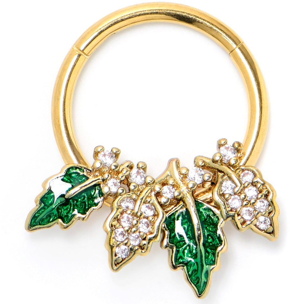 BodyCandy 16G 3/8 Clear CZ Gem Gold Tone Leafy Beauty Hinged Segment Ring — main product shot
