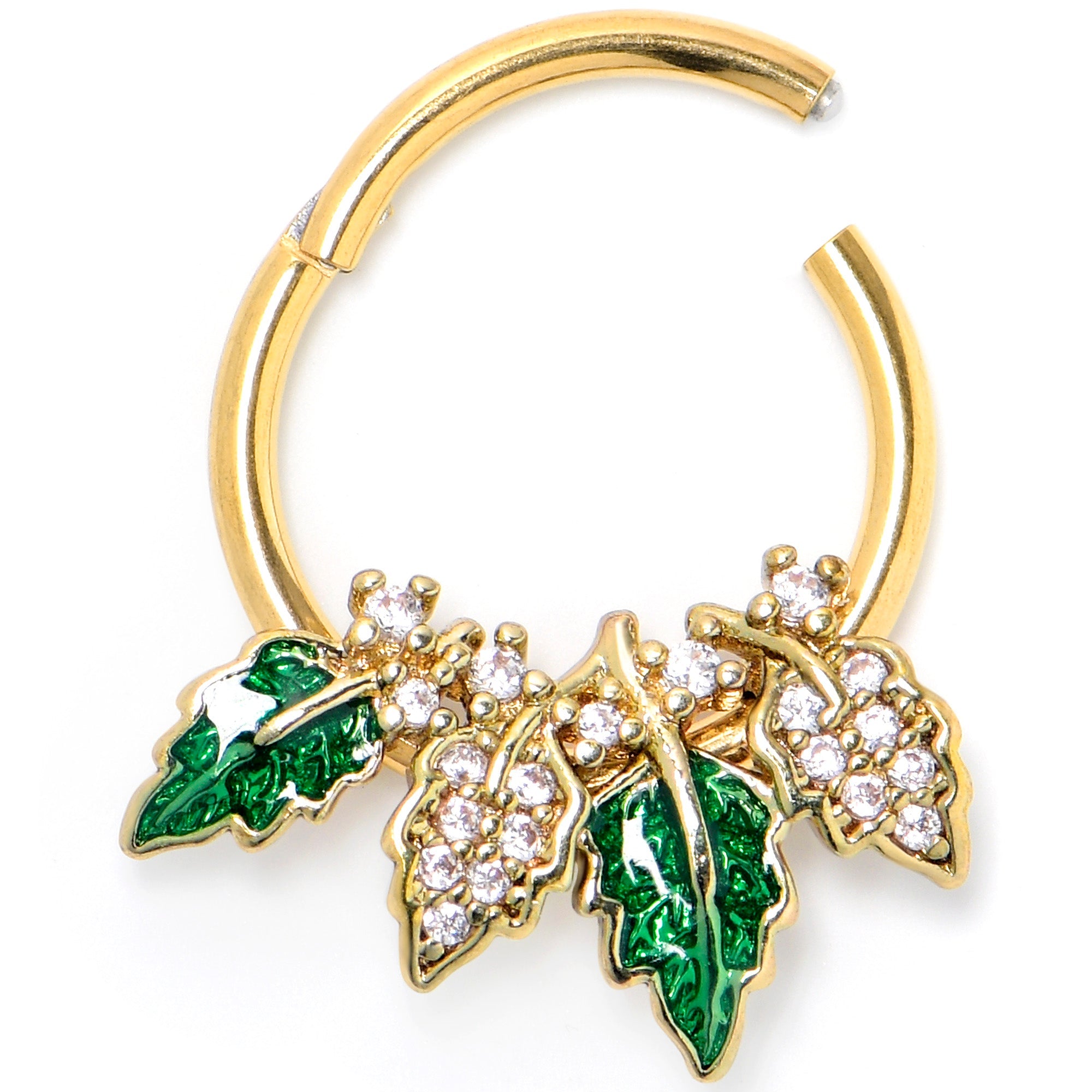 BodyCandy 16G 3/8 Clear CZ Gem Gold Tone Leafy Beauty Hinged Segment Ring — detail close-up