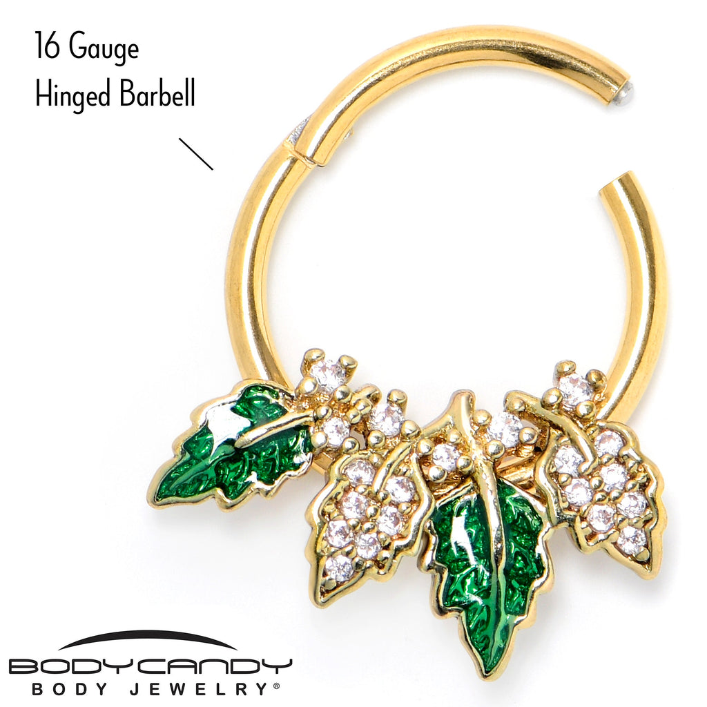 BodyCandy 16G 3/8 Clear CZ Gem Gold Tone Leafy Beauty Hinged Segment Ring — lifestyle context
