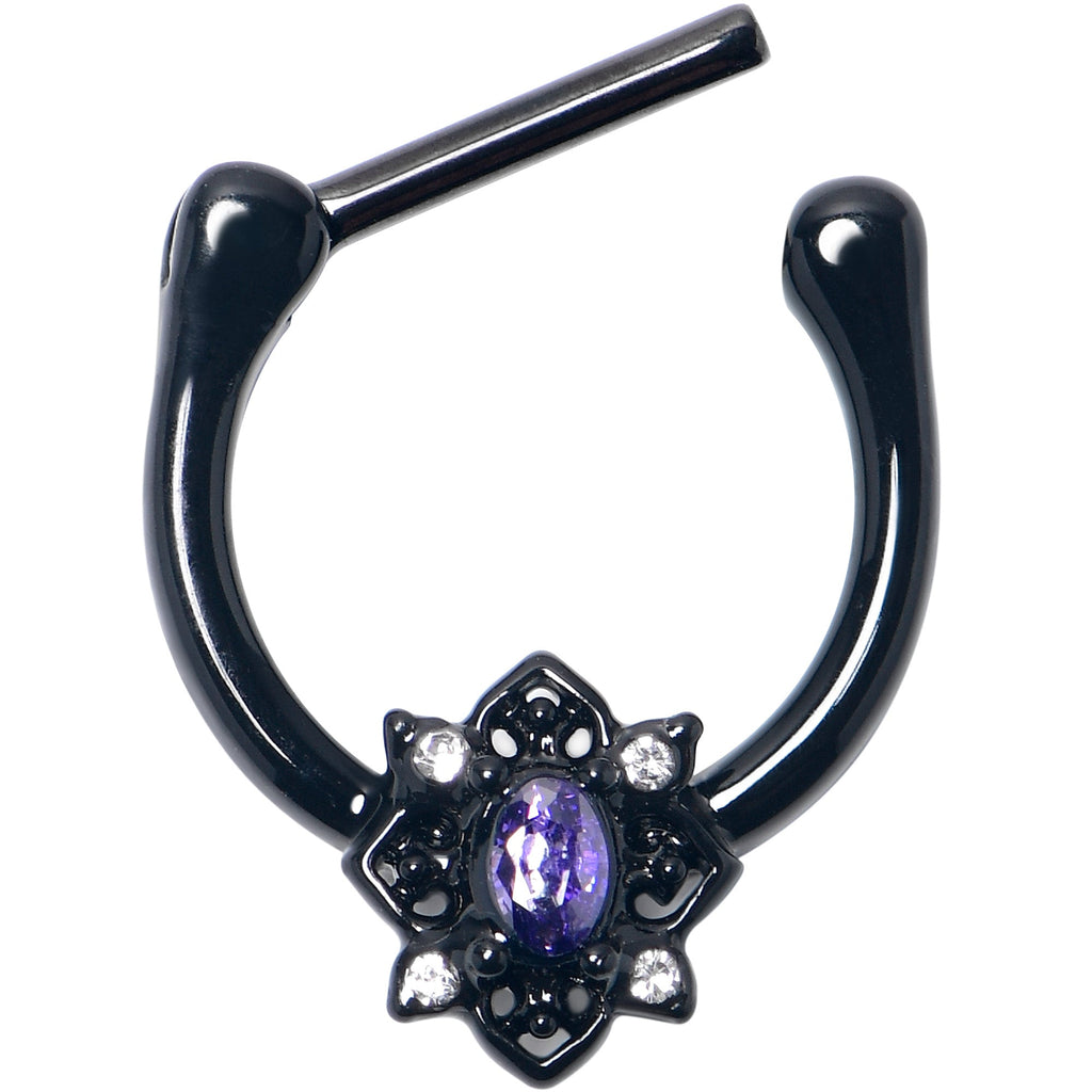 BodyCandy 16G 5/16 Purple Gem Black Scrolling Hearts Cartilage Clicker — detail close-up