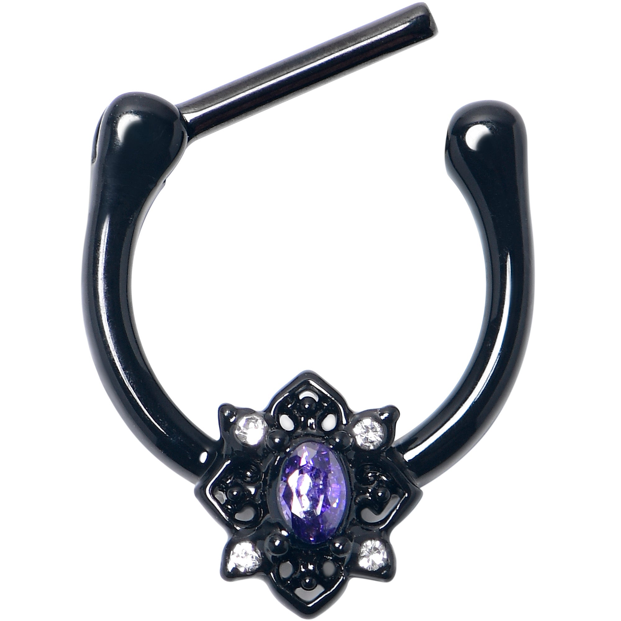 BodyCandy 16G 5/16 Purple Gem Black Scrolling Hearts Cartilage Clicker — detail close-up