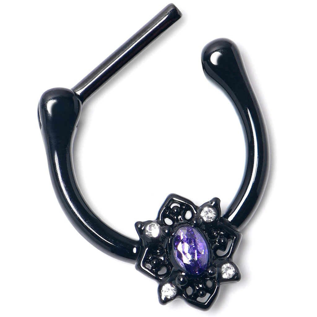 BodyCandy 16G 5/16 Purple Gem Black Scrolling Hearts Cartilage Clicker — side view