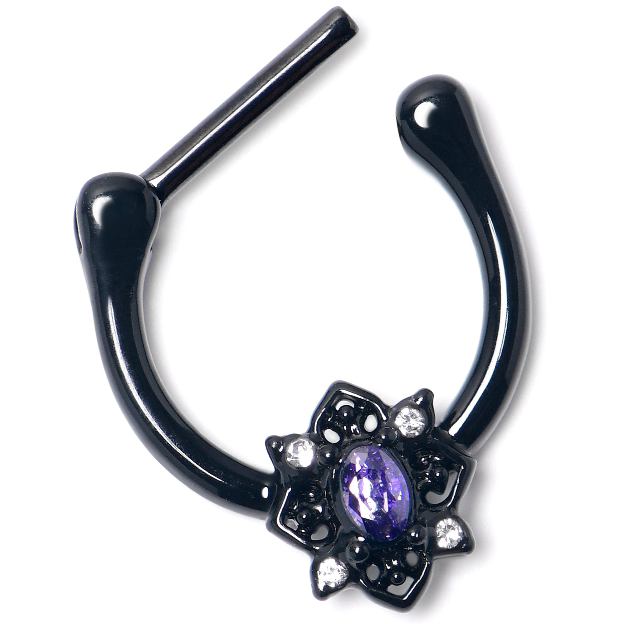 BodyCandy 16G 5/16 Purple Gem Black Scrolling Hearts Cartilage Clicker — side view