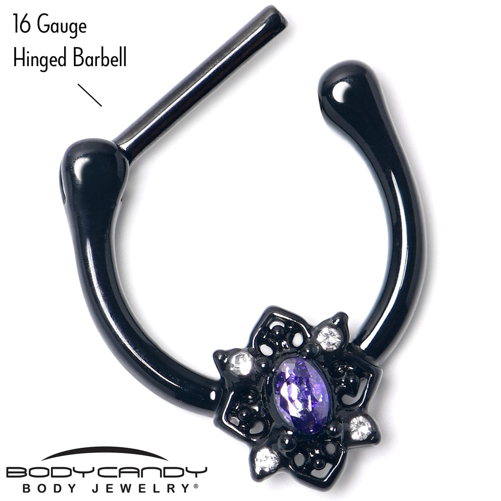 BodyCandy 16G 5/16 Purple Gem Black Scrolling Hearts Cartilage Clicker — back view
