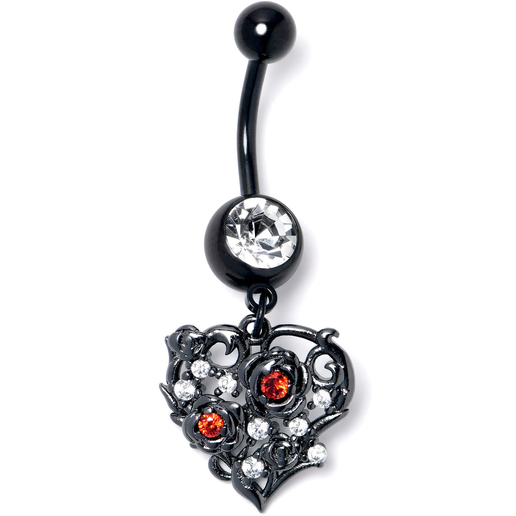 BodyCandy Clear Red CZ Gem Black Heart Floral Dangle Belly Ring — main product shot