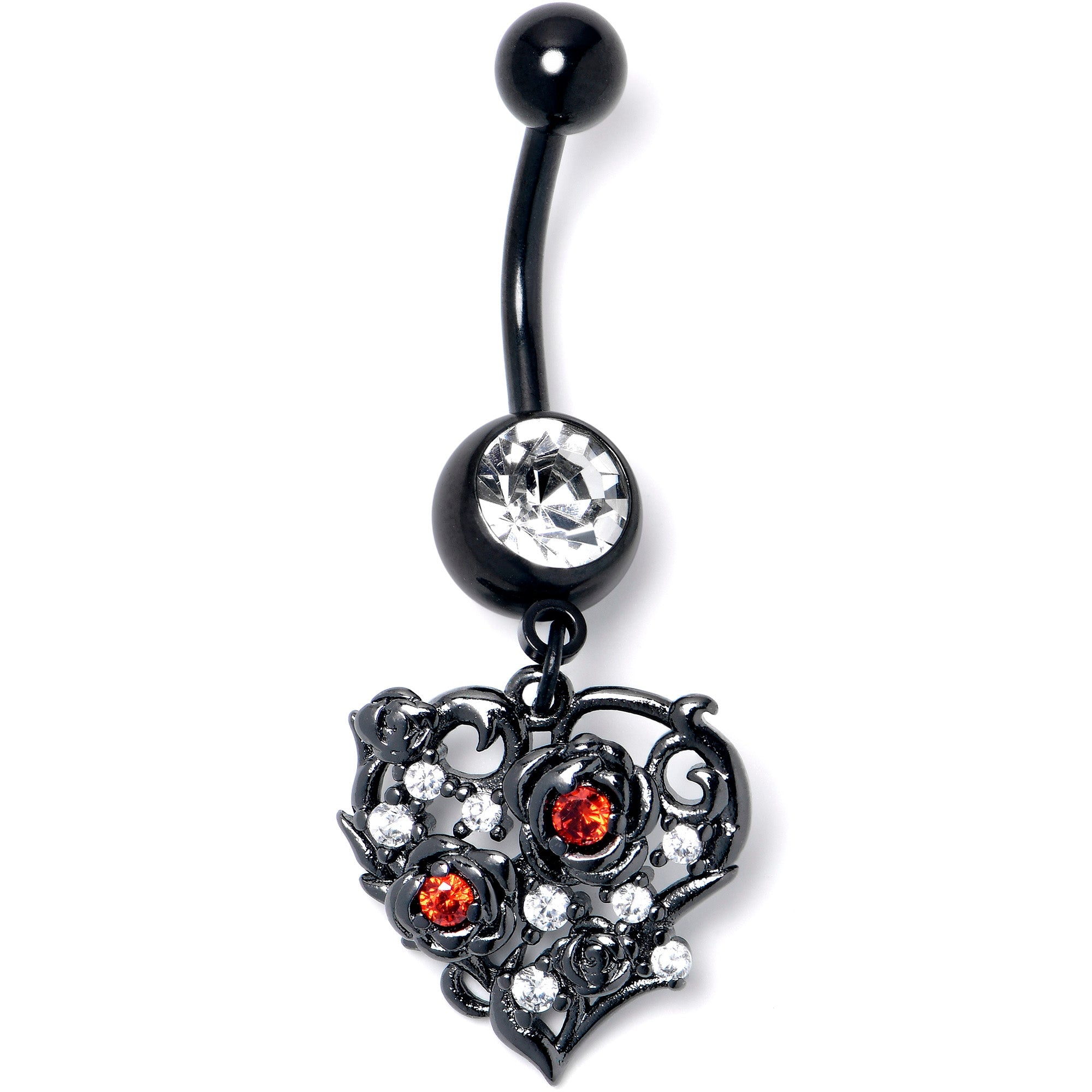 BodyCandy Clear Red CZ Gem Black Heart Floral Dangle Belly Ring — main product shot