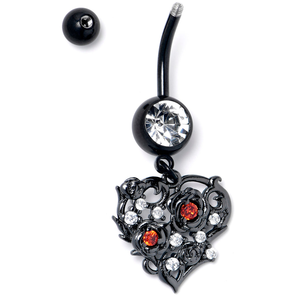 BodyCandy Clear Red CZ Gem Black Heart Floral Dangle Belly Ring — detail close-up