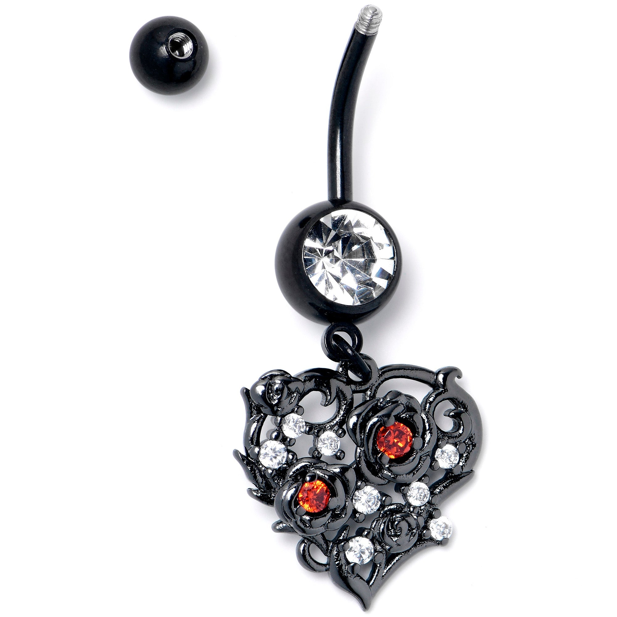 BodyCandy Clear Red CZ Gem Black Heart Floral Dangle Belly Ring — detail close-up