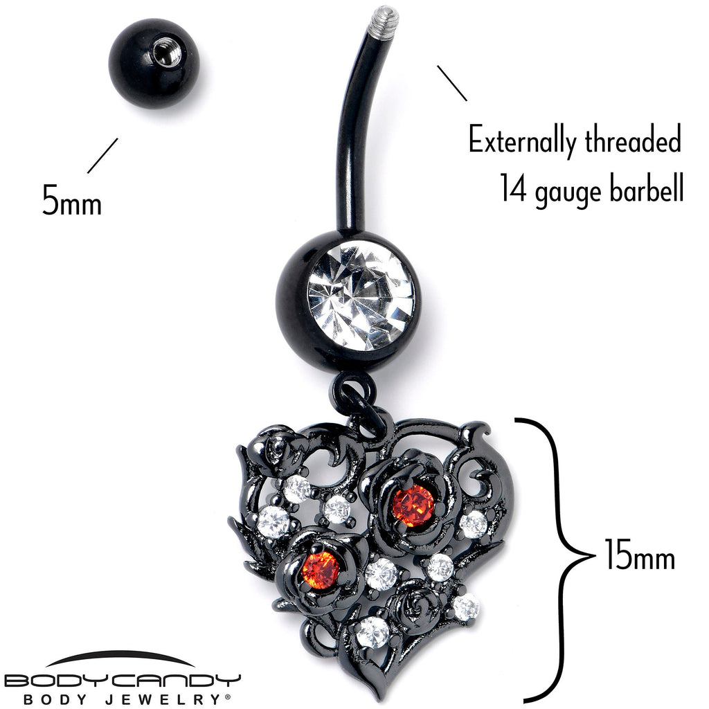 BodyCandy Clear Red CZ Gem Black Heart Floral Dangle Belly Ring — lifestyle context