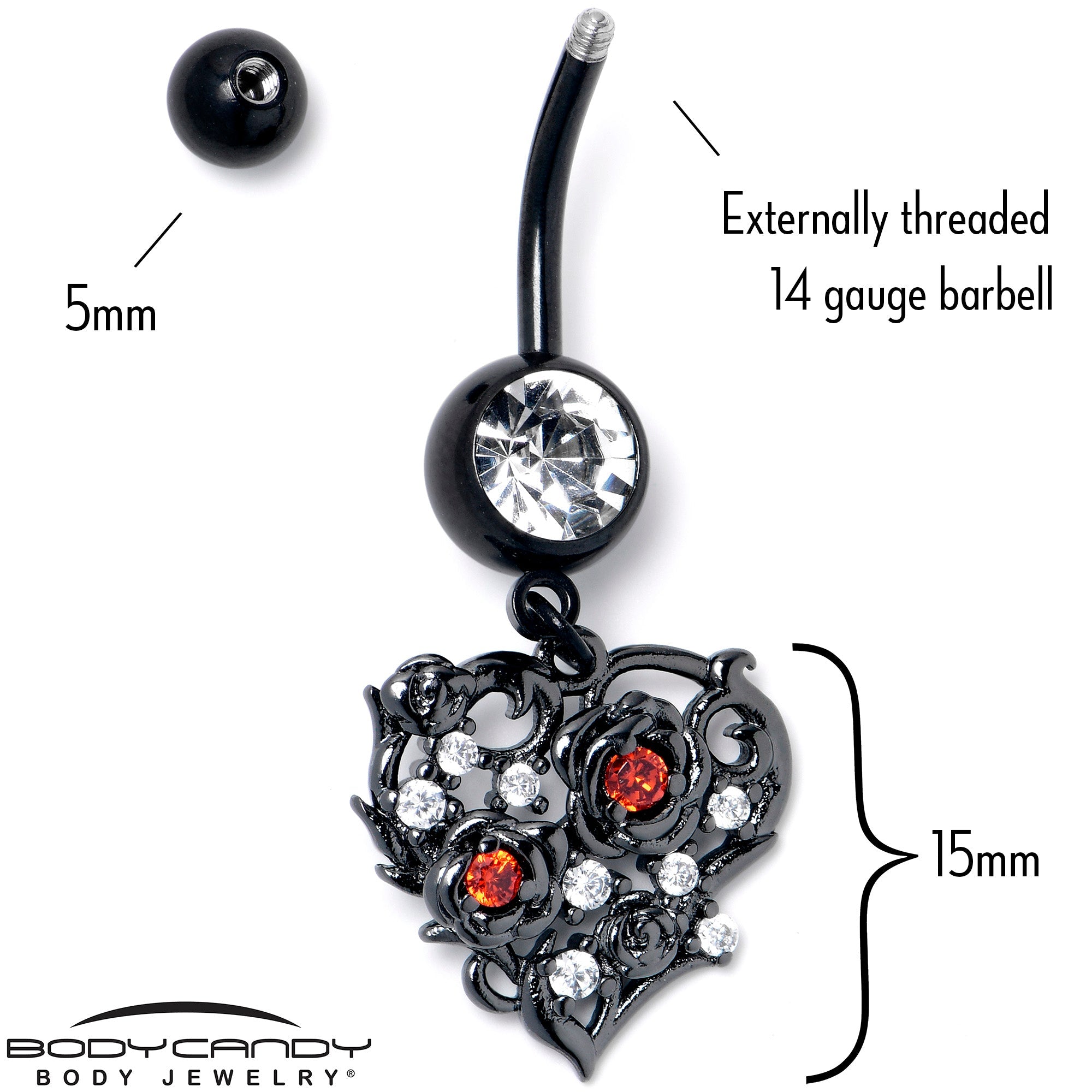 BodyCandy Clear Red CZ Gem Black Heart Floral Dangle Belly Ring — lifestyle context