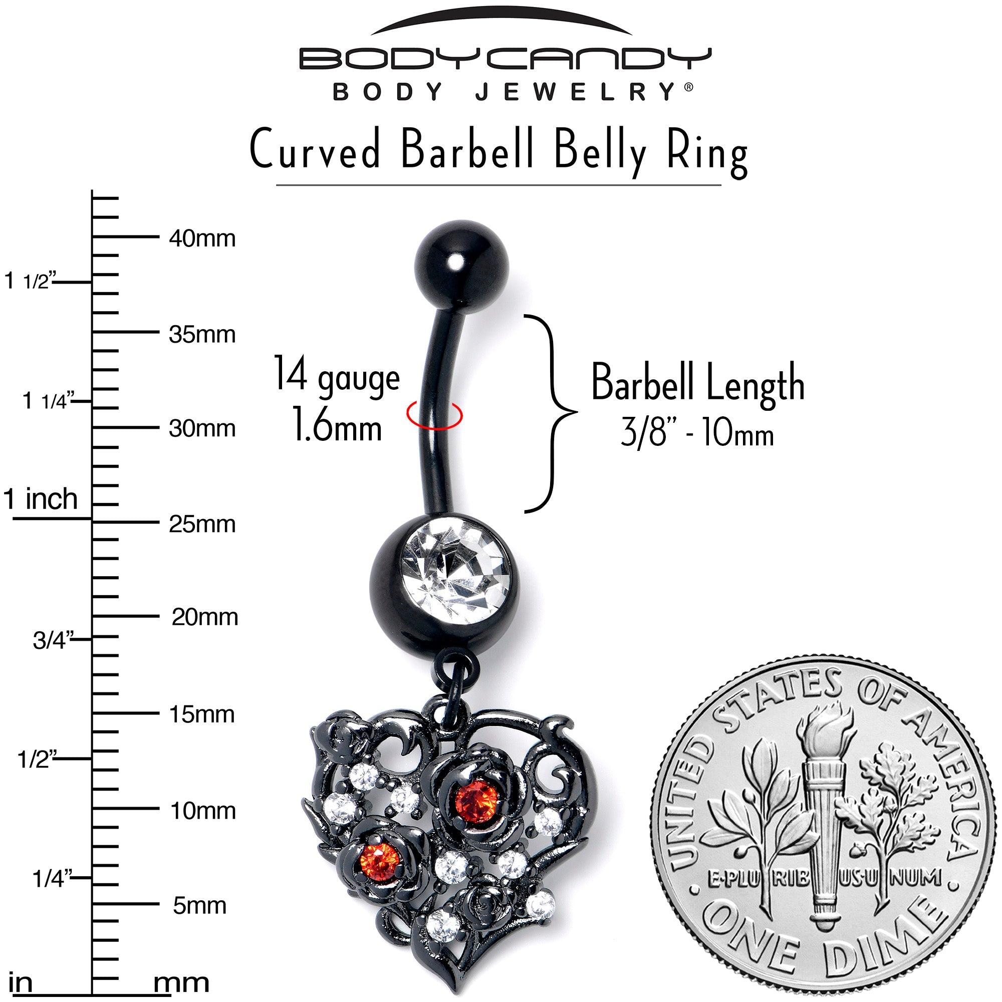BodyCandy Clear Red CZ Gem Black Heart Floral Dangle Belly Ring — side view