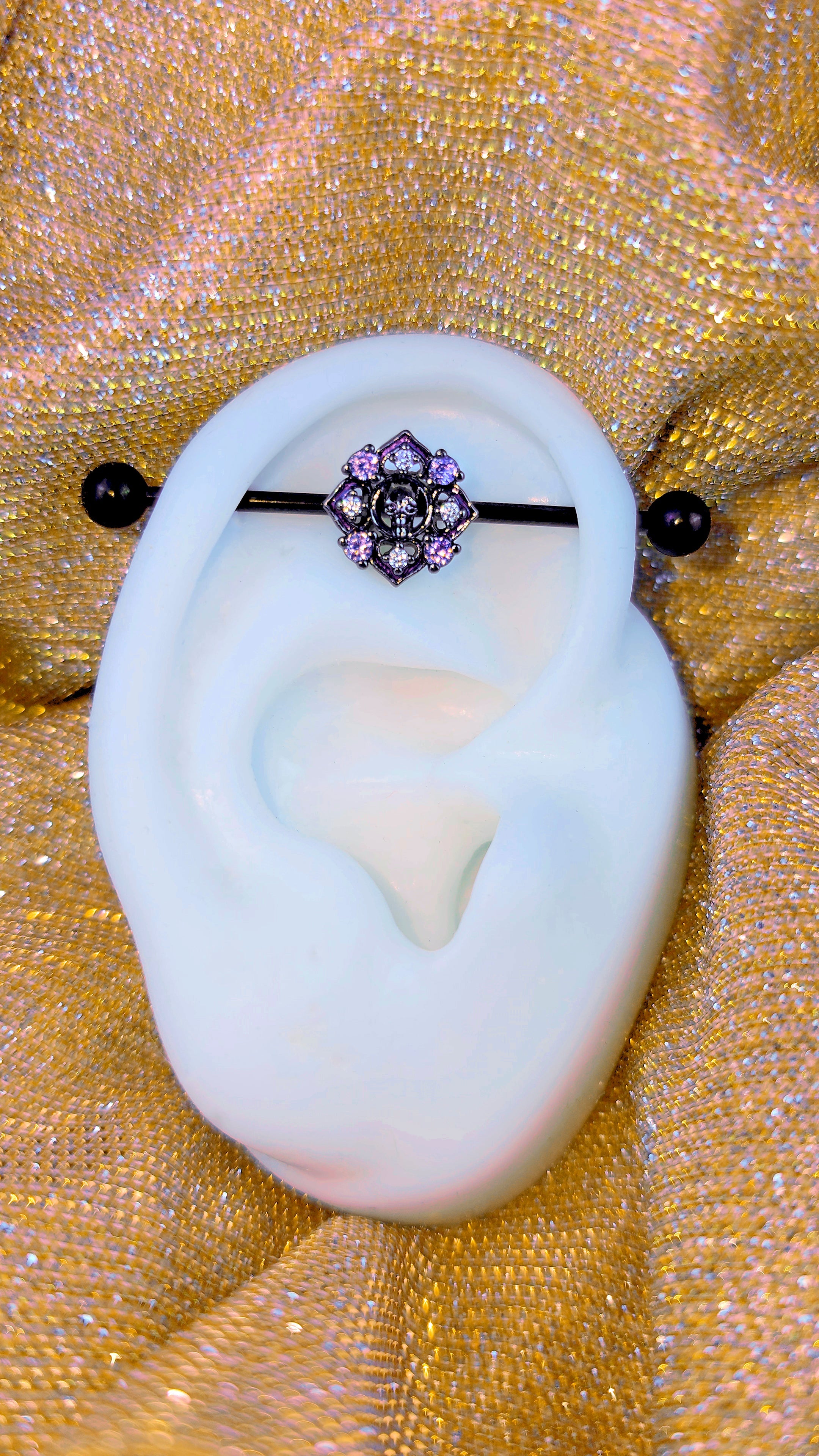 BodyCandy 14G Pink Gem Black Skull Cross Industrial Barbell 38mm — main product shot