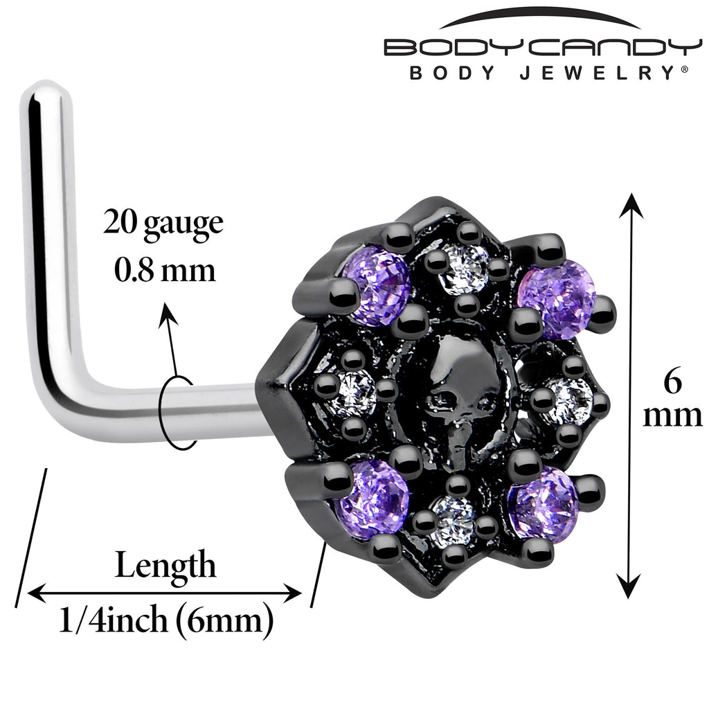 BodyCandy 20G 7mm Pink Gem Skull Cross L Shape Nose Ring — detail close-up