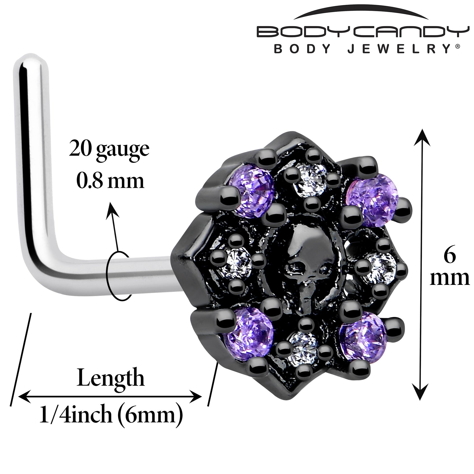 BodyCandy 20G 7mm Pink Gem Skull Cross L Shape Nose Ring — detail close-up