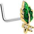BodyCandy 20G 7mm Clear Gem Green Leaf Golden L Shape Nose Ring — main product shot