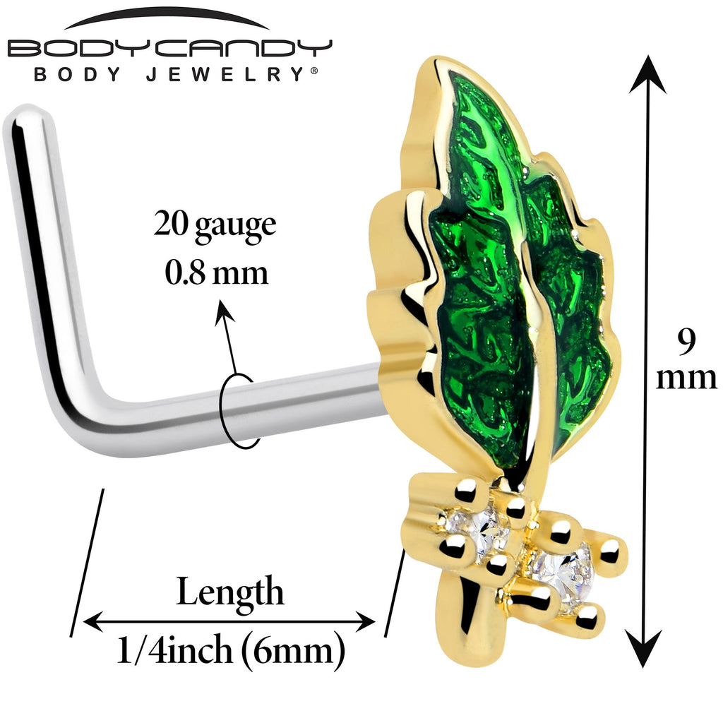 BodyCandy 20G 7mm Clear Gem Green Leaf Golden L Shape Nose Ring — detail close-up