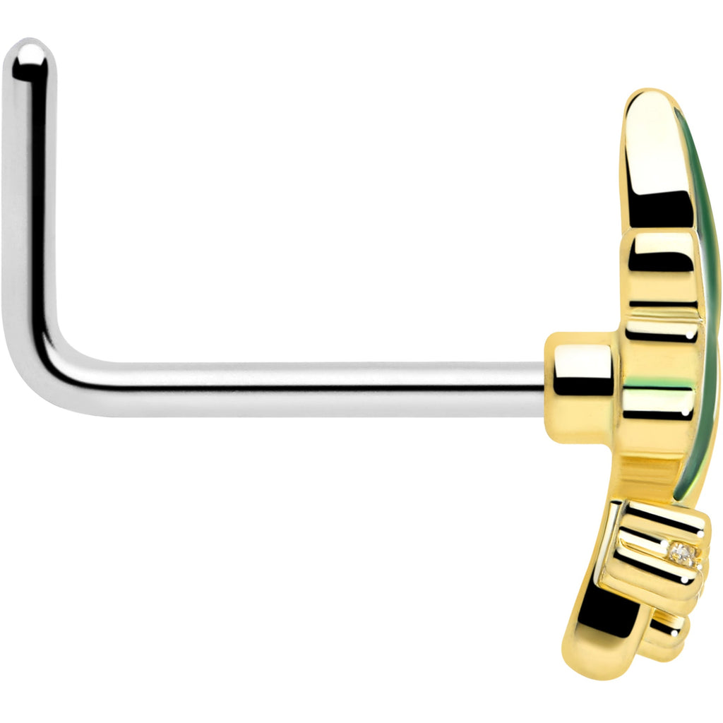 BodyCandy 20G 7mm Clear Gem Green Leaf Golden L Shape Nose Ring — side view